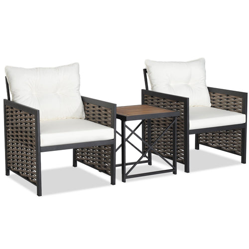 3 Pieces Patio Rattan Furniture Set with Acacia Wood Tabletop, White