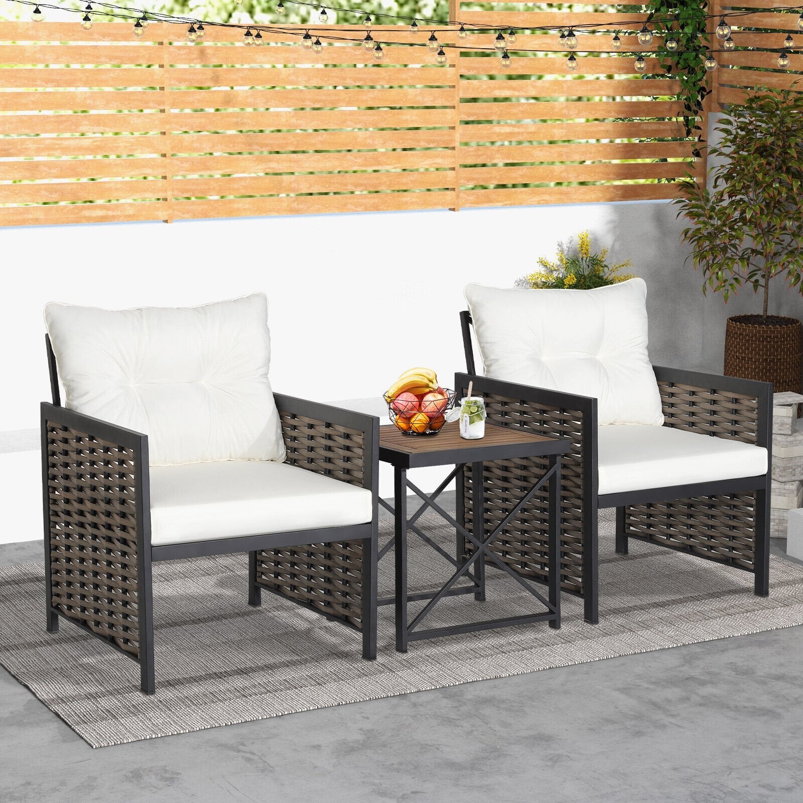 3 Pieces Patio Rattan Furniture Set with Acacia Wood Tabletop, White Patio Conversation Sets   at Gallery Canada