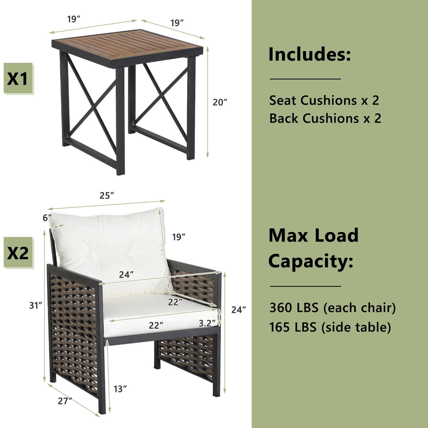 3 Pieces Patio Rattan Furniture Set with Acacia Wood Tabletop, White Patio Conversation Sets   at Gallery Canada