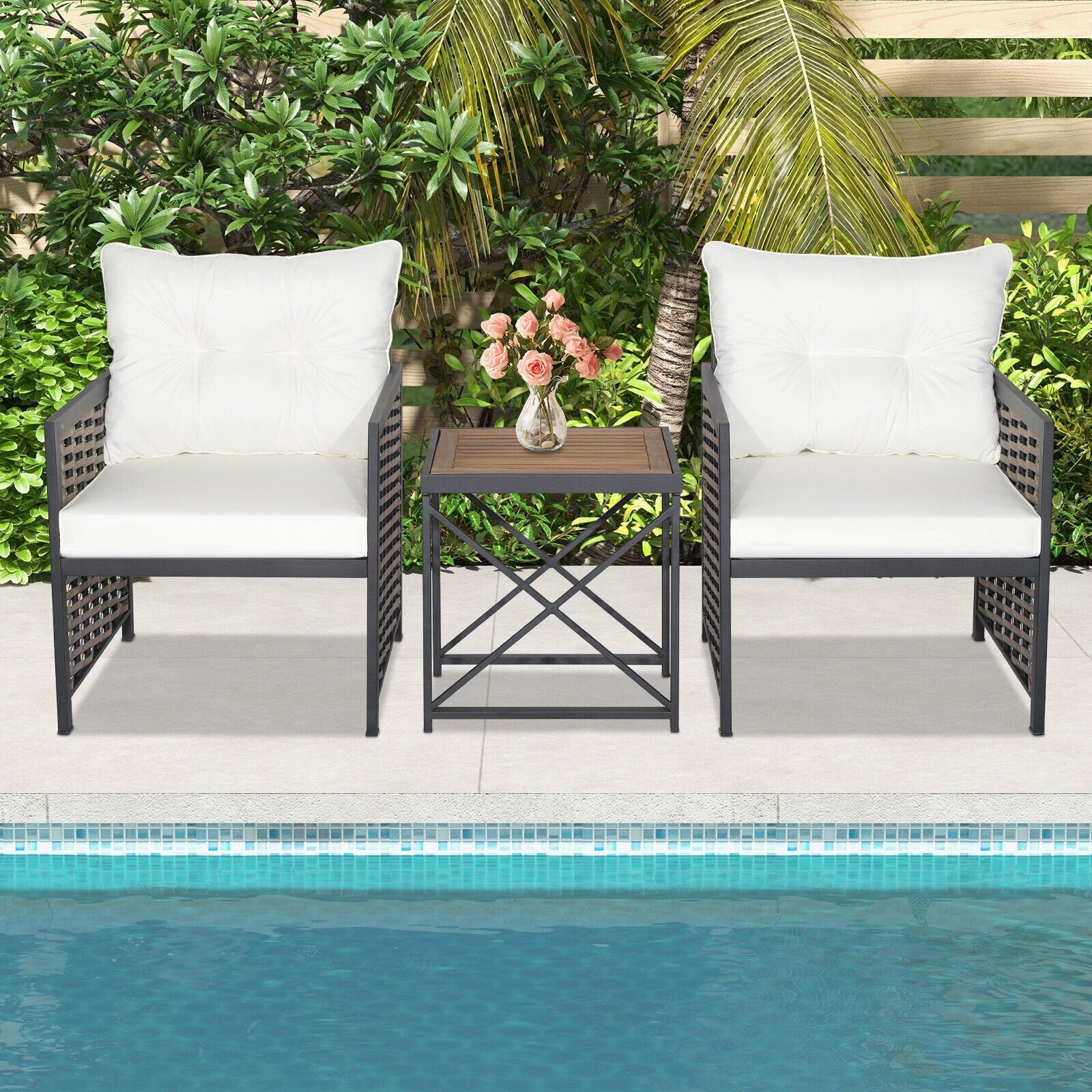 3 Pieces Patio Rattan Furniture Set with Acacia Wood Tabletop, White Patio Conversation Sets   at Gallery Canada