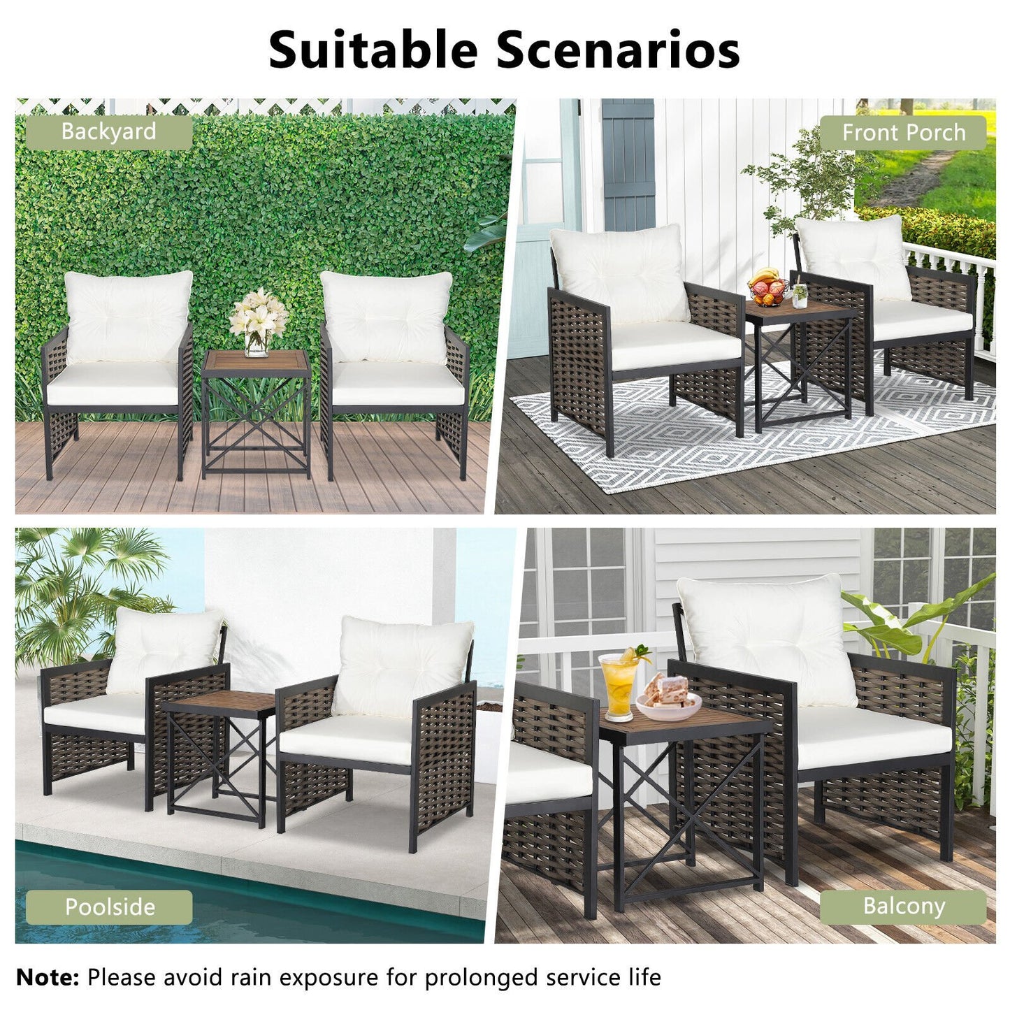 3 Pieces Patio Rattan Furniture Set with Acacia Wood Tabletop, White Patio Conversation Sets   at Gallery Canada