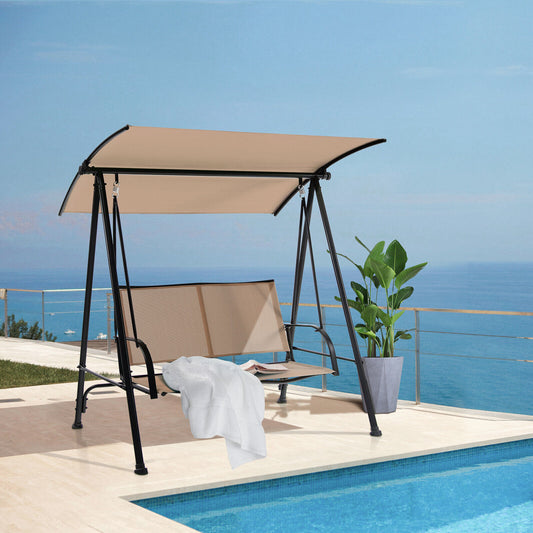 2-Seat Outdoor Canopy Swing with Comfortable Fabric Seat and Heavy-duty Metal Frame, Beige - Gallery Canada