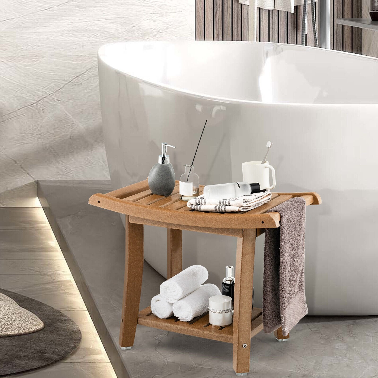 Waterproof Bath Stool with Curved Seat and Storage Shelf, Brown Bath Safety   at Gallery Canada