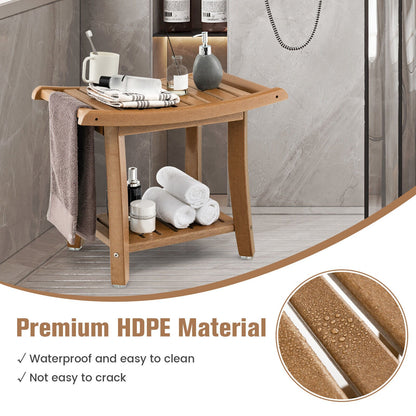 Waterproof Bath Stool with Curved Seat and Storage Shelf, Brown Bath Safety   at Gallery Canada
