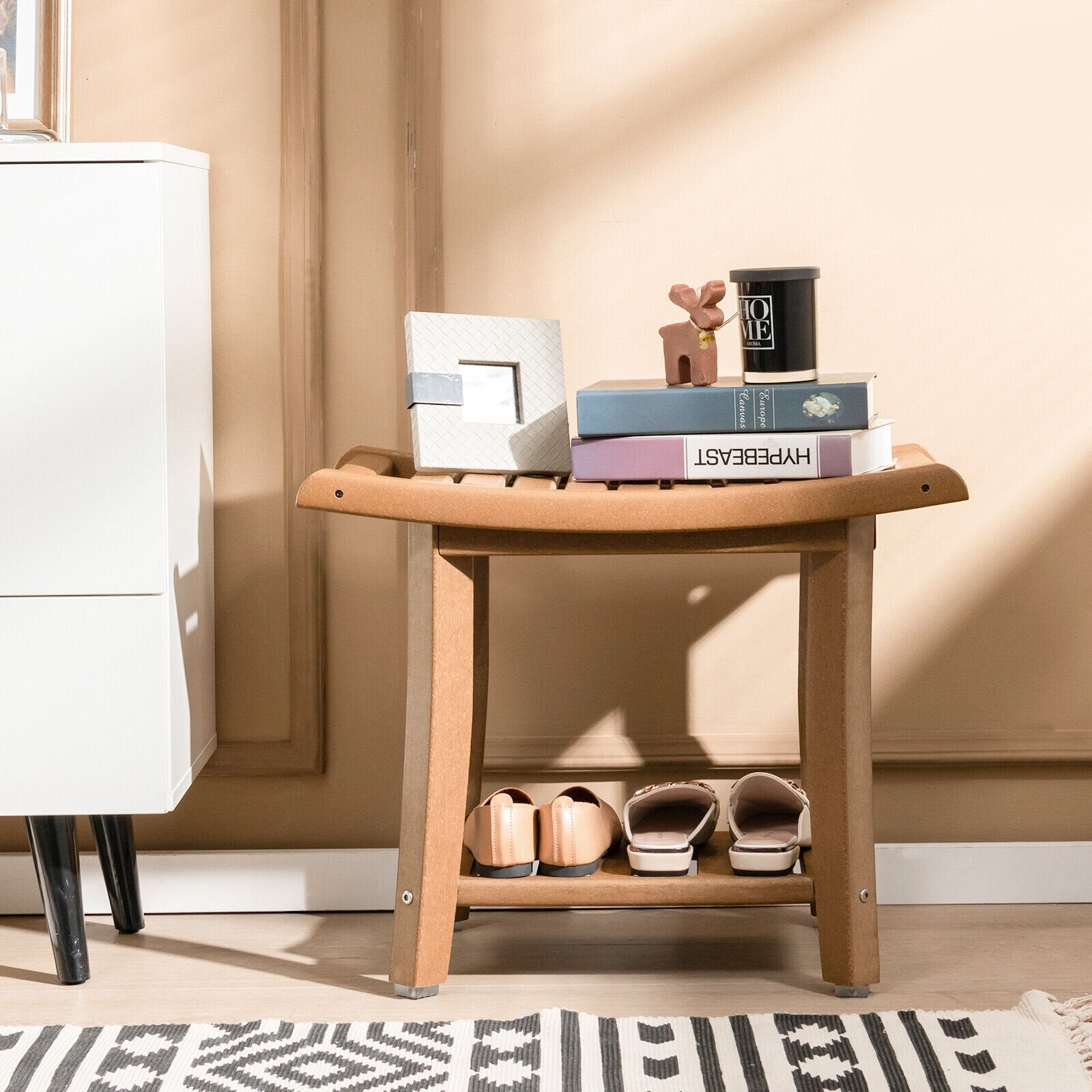 Waterproof Bath Stool with Curved Seat and Storage Shelf, Brown Bath Safety   at Gallery Canada