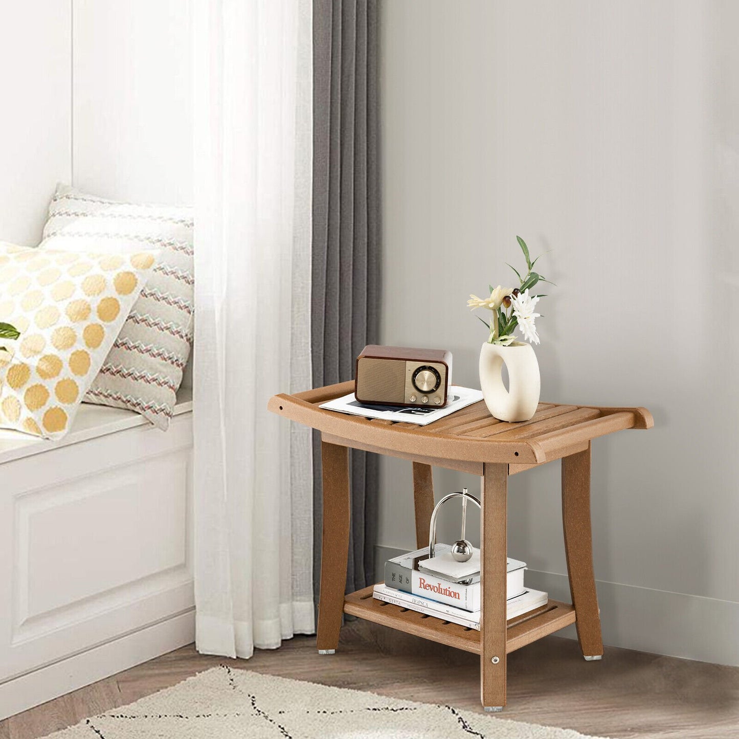 Waterproof Bath Stool with Curved Seat and Storage Shelf, Brown Bath Safety   at Gallery Canada