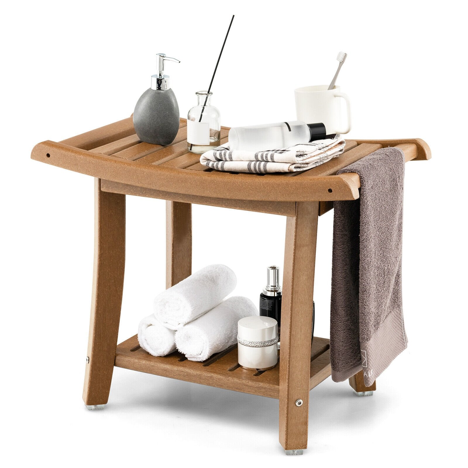 Waterproof Bath Stool with Curved Seat and Storage Shelf, Brown Bath Safety   at Gallery Canada