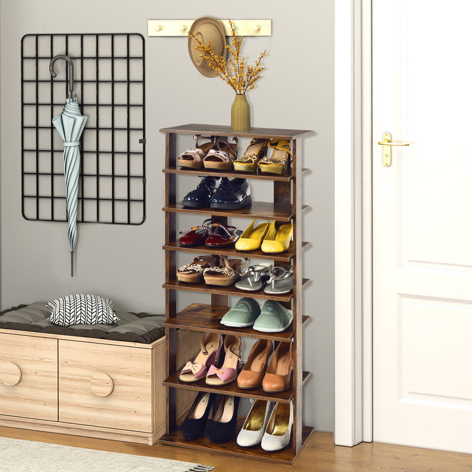 7-Tier Dual 14 Pair Shoe Rack Free Standing Concise Shelves Storage, Brown Shoe Racks & Storage Benches at Gallery Canada