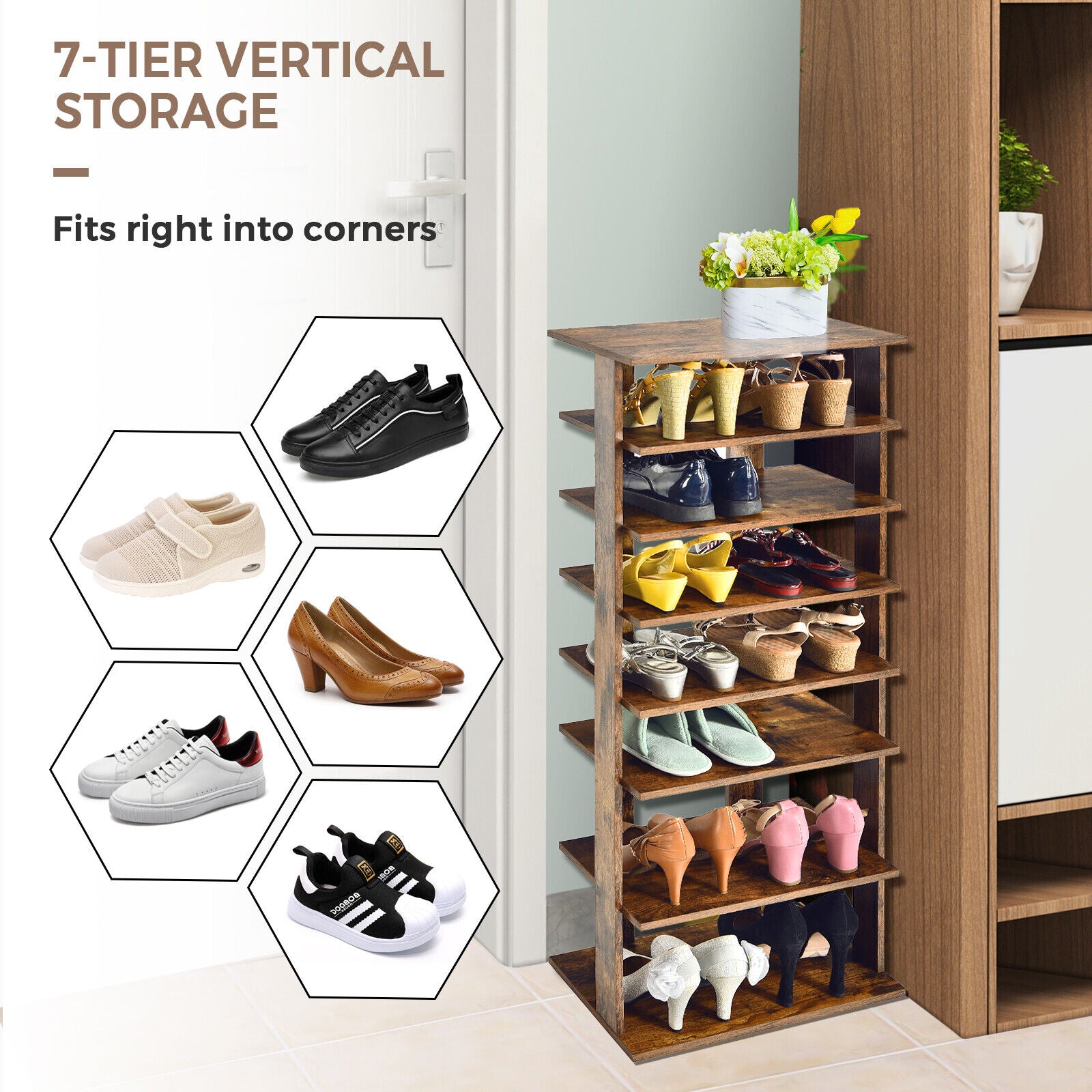 7-Tier Dual 14 Pair Shoe Rack Free Standing Concise Shelves Storage, Brown Shoe Racks & Storage Benches at Gallery Canada