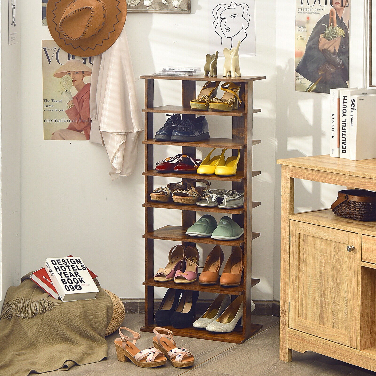 7-Tier Dual 14 Pair Shoe Rack Free Standing Concise Shelves Storage, Brown Shoe Racks & Storage Benches at Gallery Canada