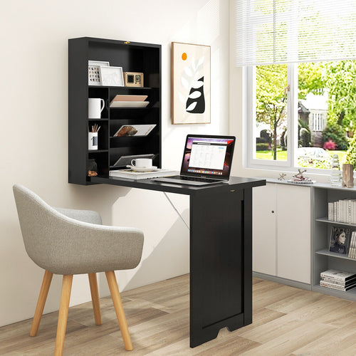Wall Mounted Fold-Out Convertible Floating Desk Space Saver, Black