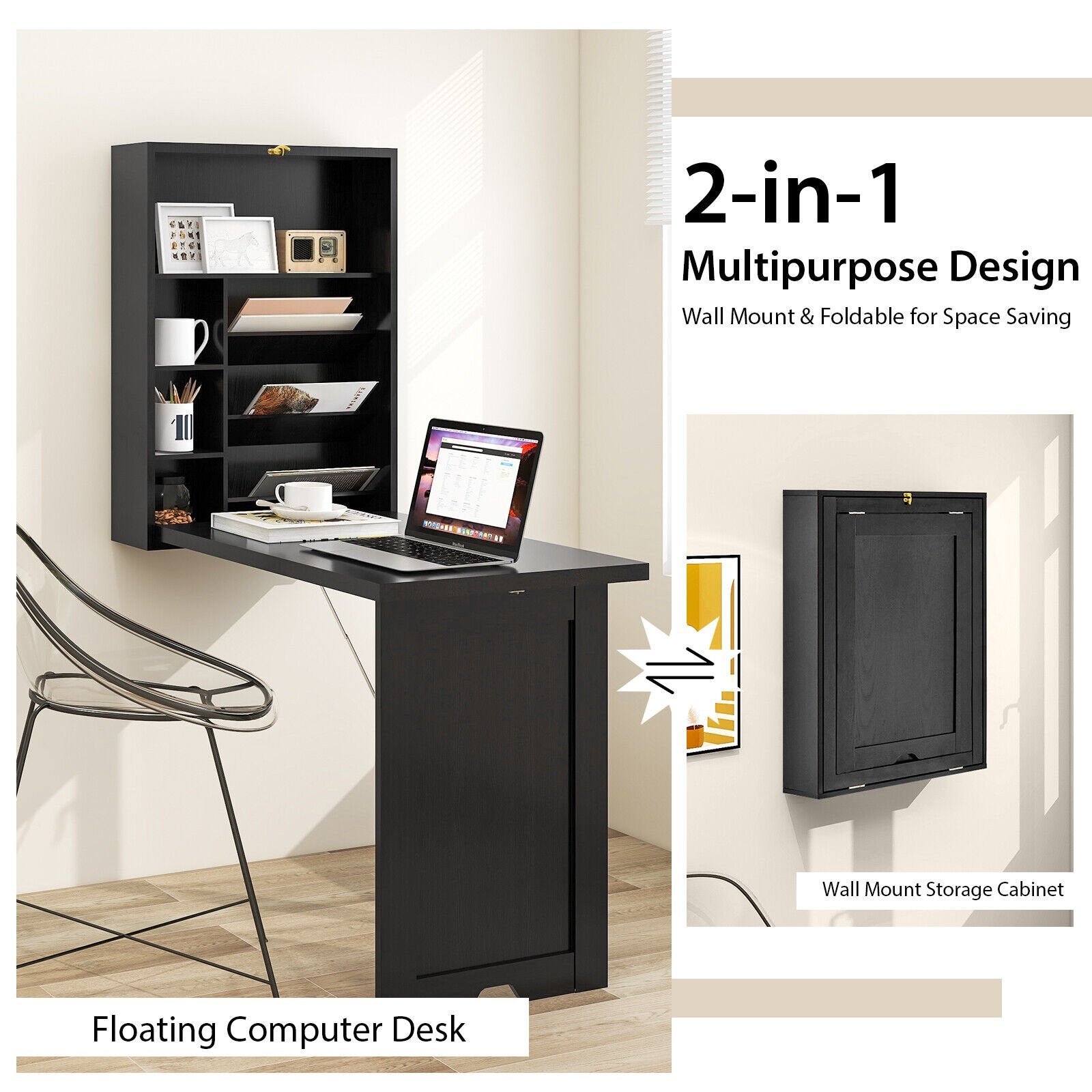 Wall Mounted Fold-Out Convertible Floating Desk Space Saver, Black Laptop Tables & Printer Stands   at Gallery Canada