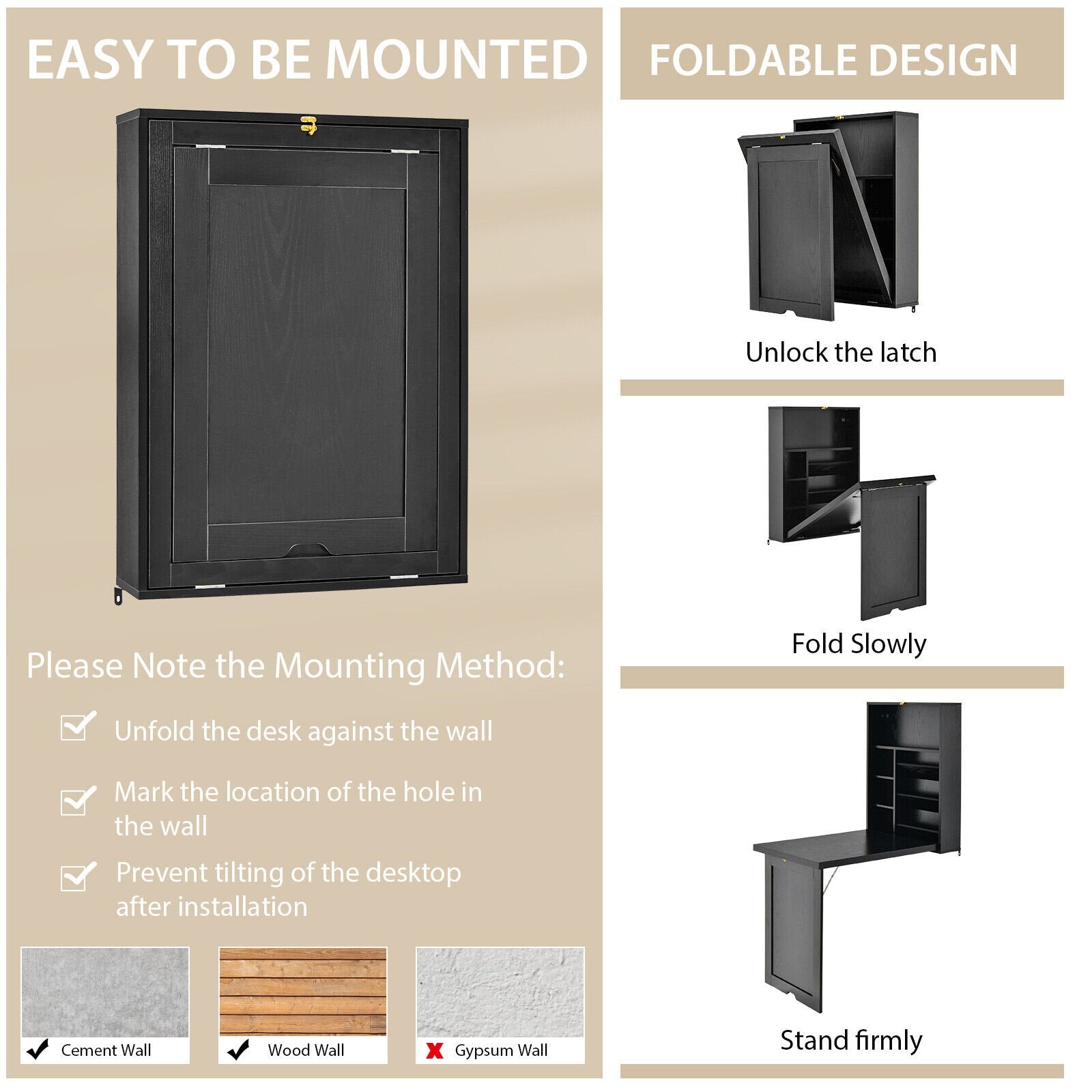 Wall Mounted Fold-Out Convertible Floating Desk Space Saver, Black Laptop Tables & Printer Stands   at Gallery Canada