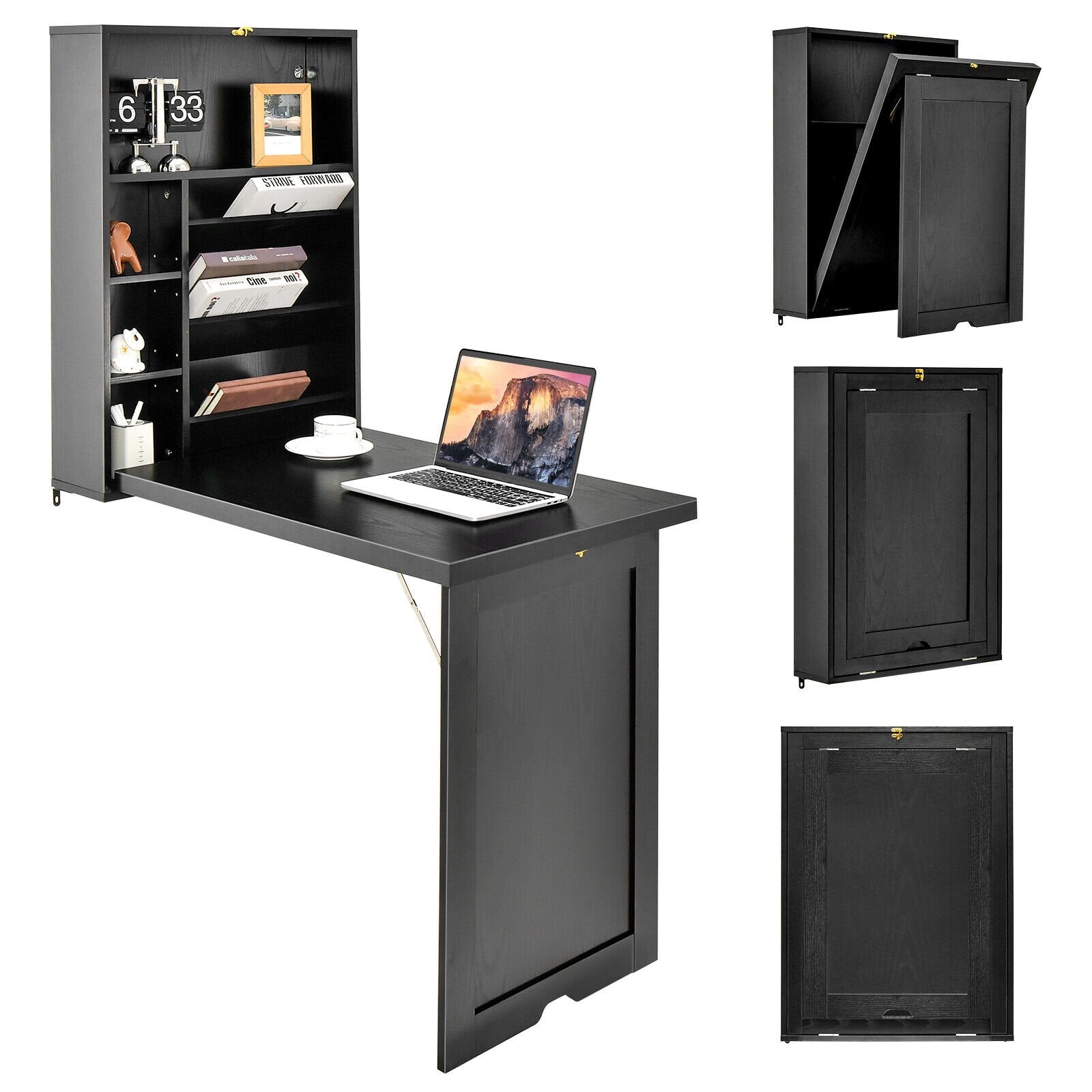 Wall Mounted Fold-Out Convertible Floating Desk Space Saver, Black Laptop Tables & Printer Stands   at Gallery Canada