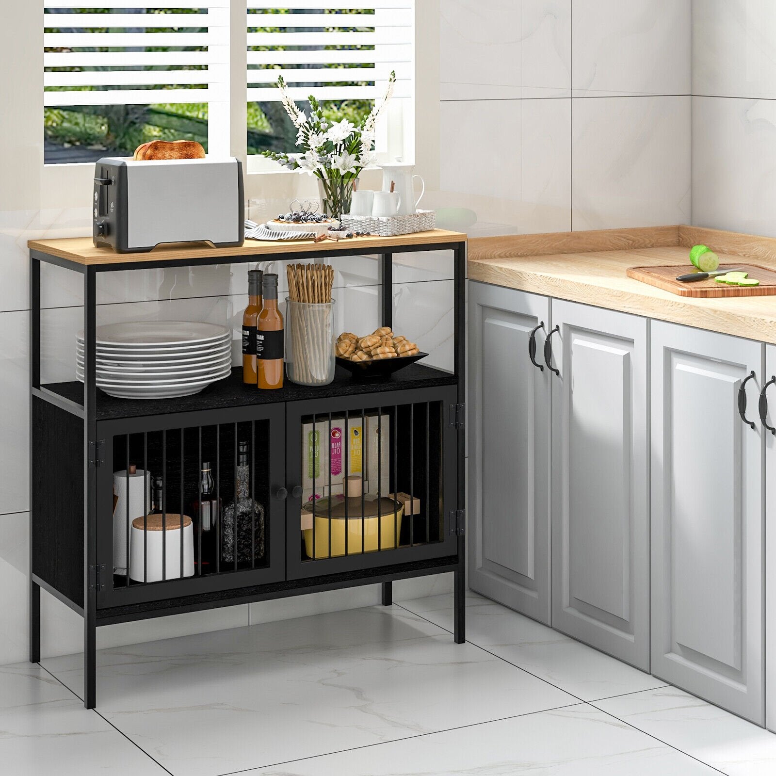 Kitchen Buffet Cabinet with 2 Doors and Open Shelf, Black Sideboards Cabinets & Buffets   at Gallery Canada