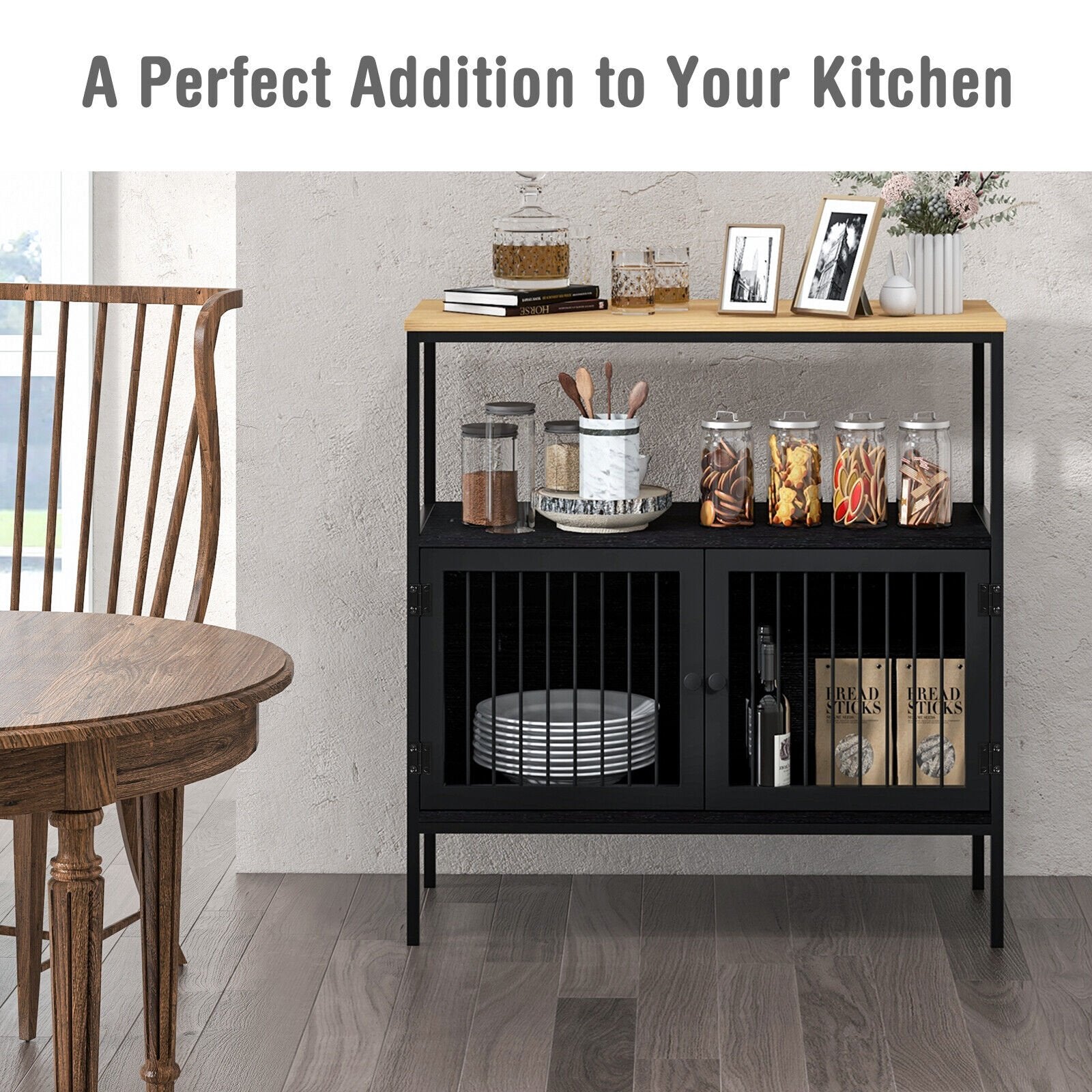 Kitchen Buffet Cabinet with 2 Doors and Open Shelf, Black Sideboards Cabinets & Buffets   at Gallery Canada