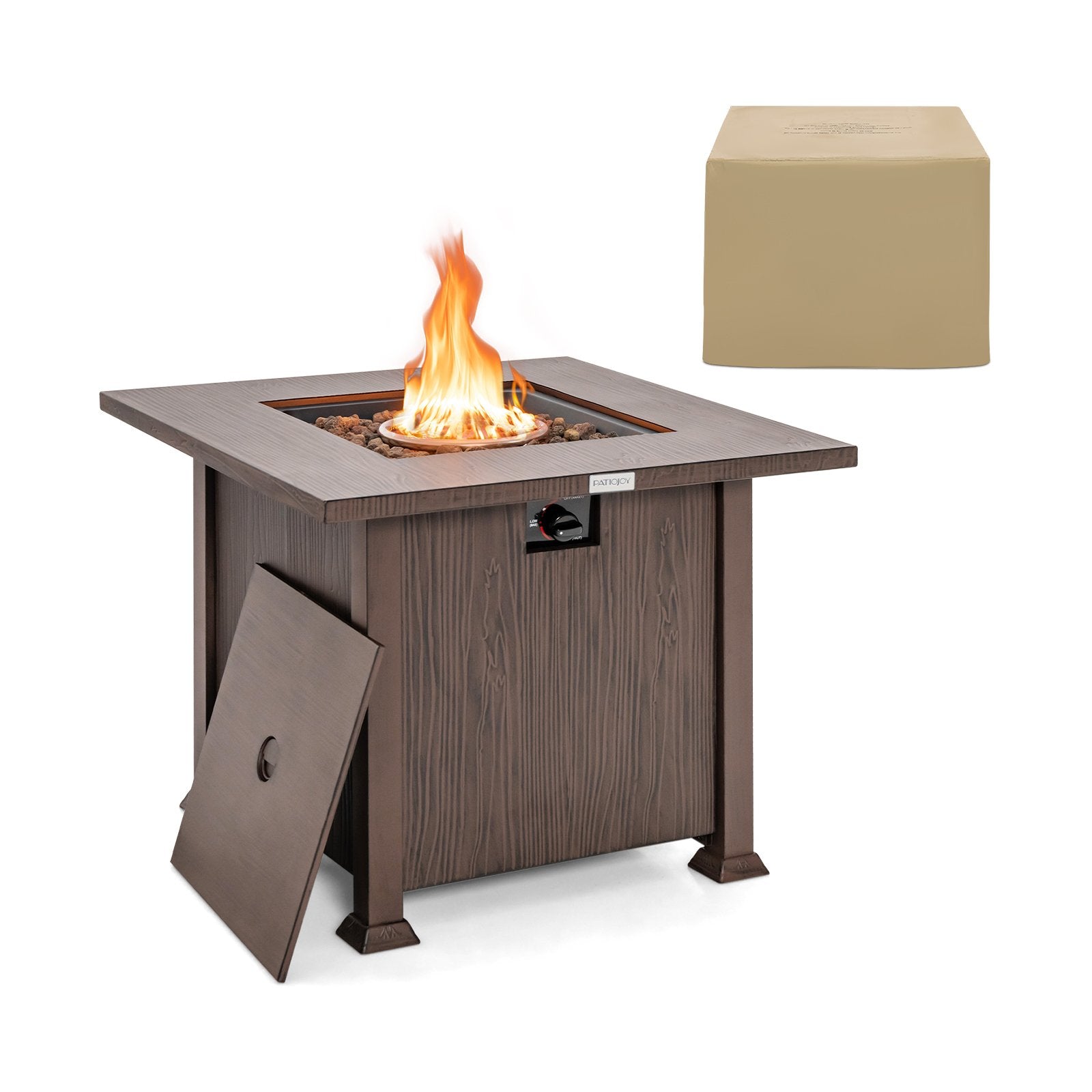 32 Inch 50 000 BTU Square Fire Pit Table with Lid and Lava Rocks, Brown Fire Pit Tables   at Gallery Canada