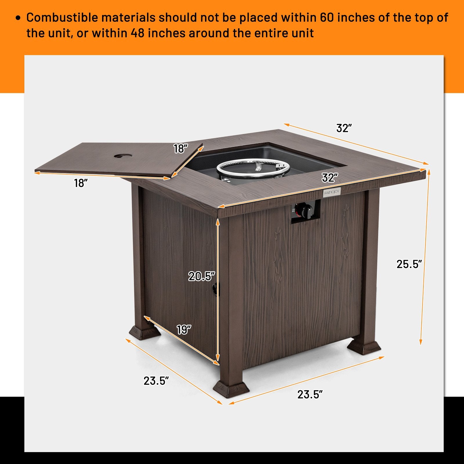 32 Inch 50 000 BTU Square Fire Pit Table with Lid and Lava Rocks, Brown Fire Pit Tables   at Gallery Canada