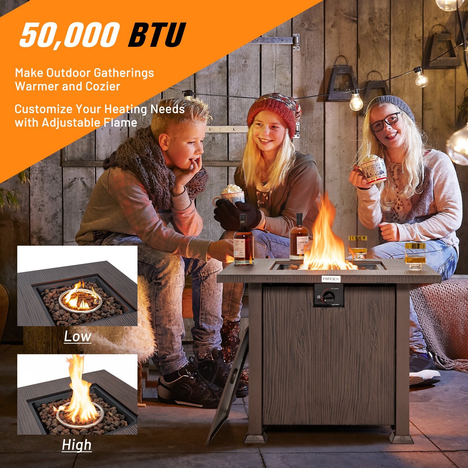 32 Inch 50 000 BTU Square Fire Pit Table with Lid and Lava Rocks, Brown Fire Pit Tables   at Gallery Canada