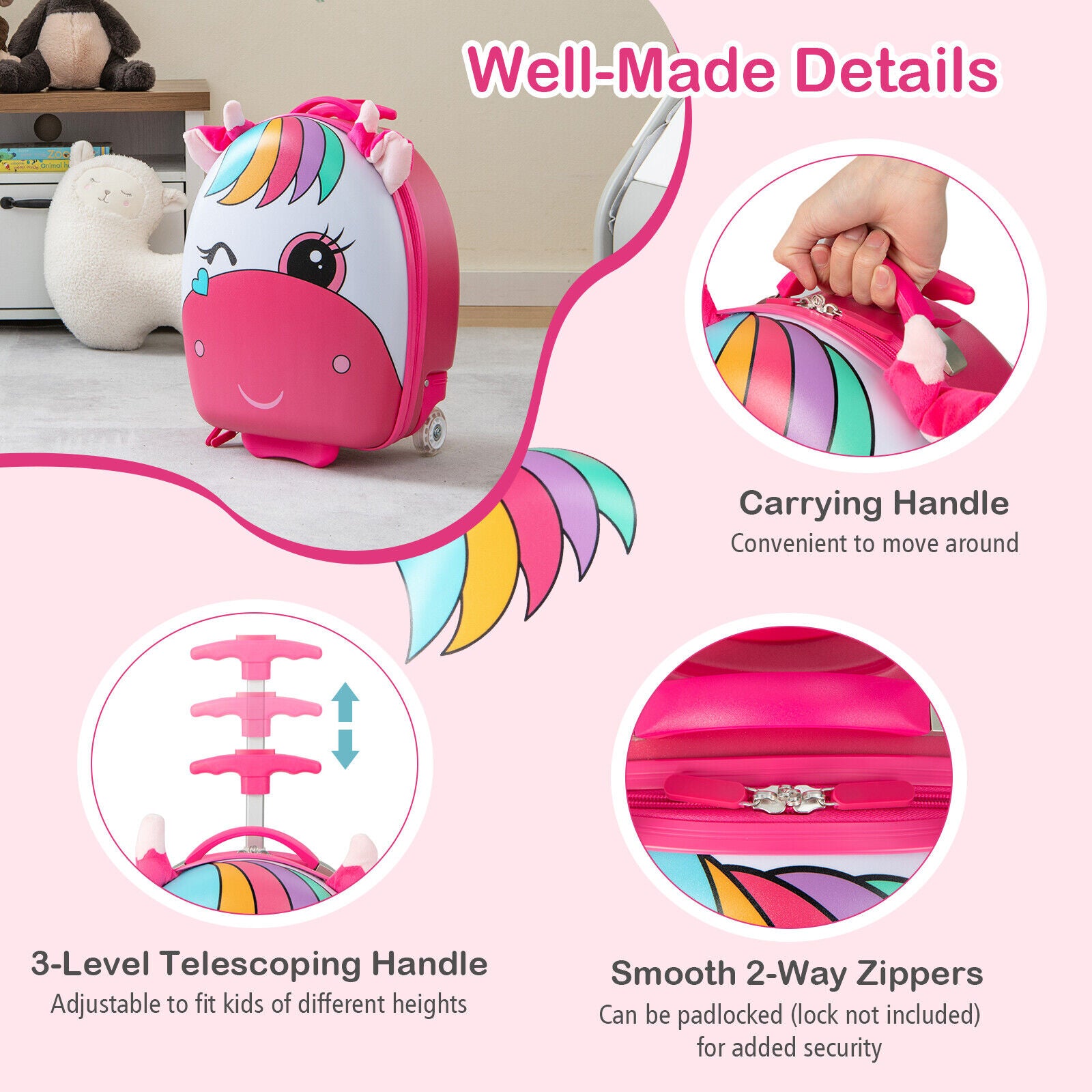 16 Inch Kids Rolling Luggage with 2 Flashing Wheels and Telescoping Handle, Pink Kids Luggage at Gallery Canada