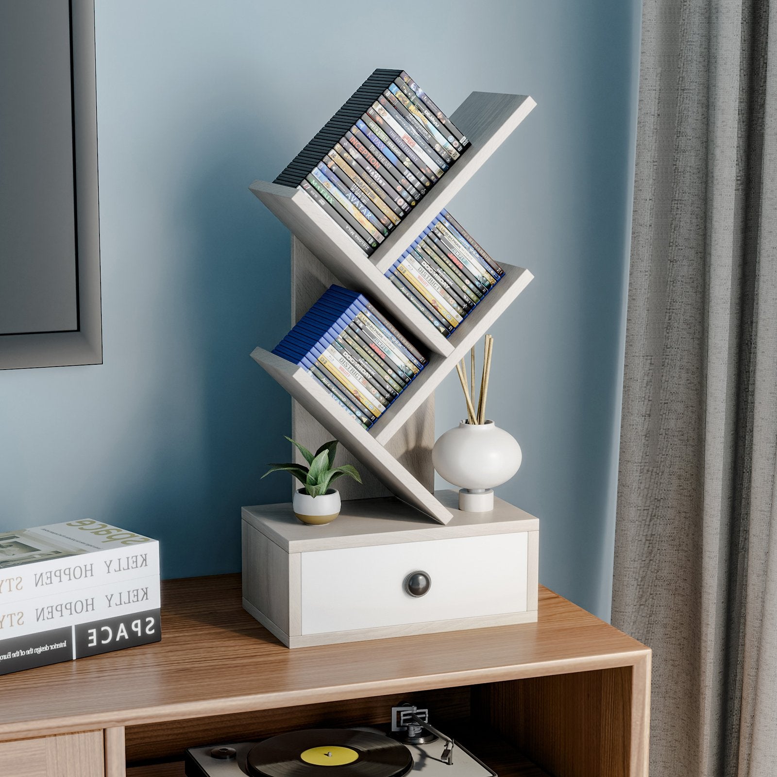 5-Tier Floor Standing Tree Bookcase with Drawer, Beige Bookcases   at Gallery Canada