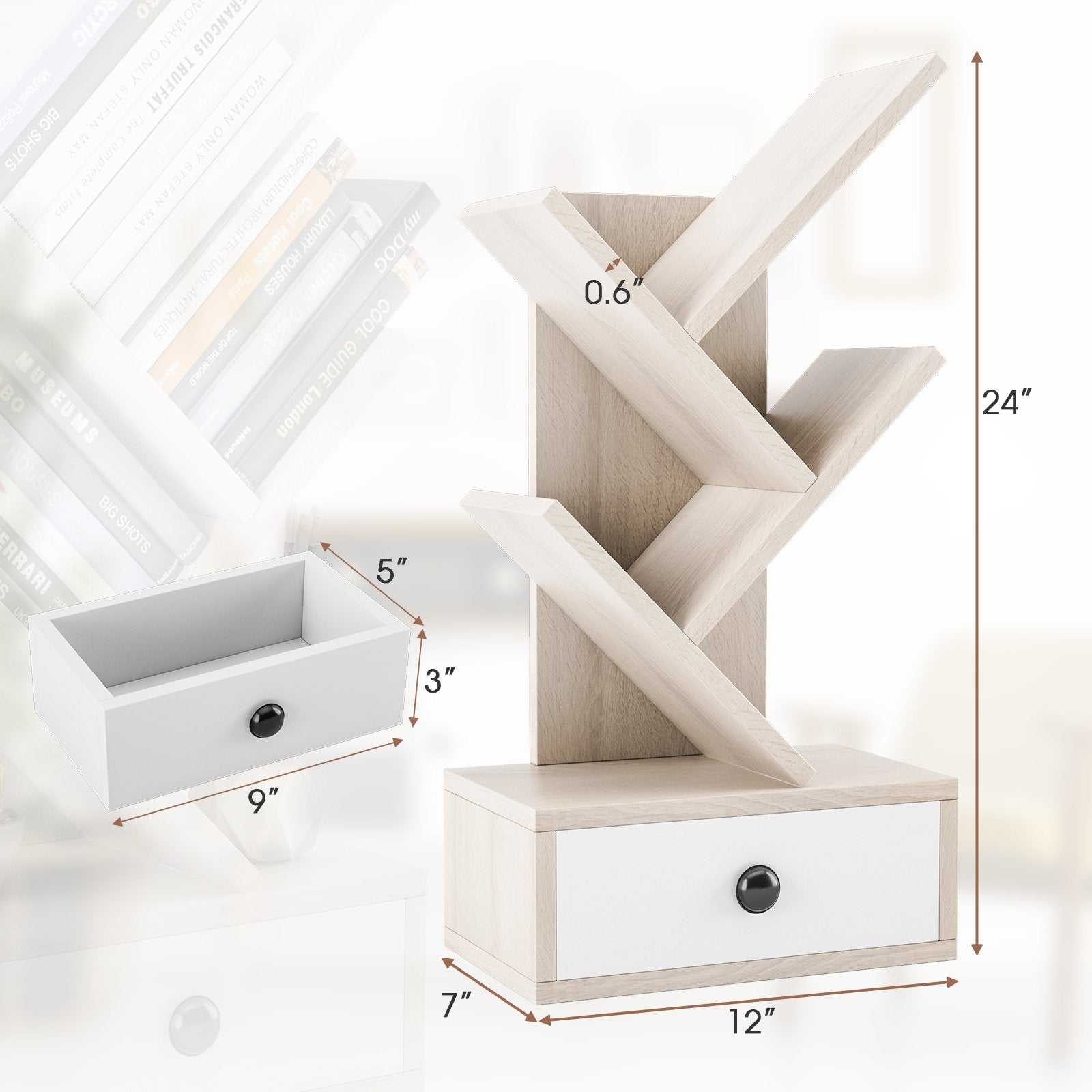 5-Tier Floor Standing Tree Bookcase with Drawer, Beige Bookcases   at Gallery Canada