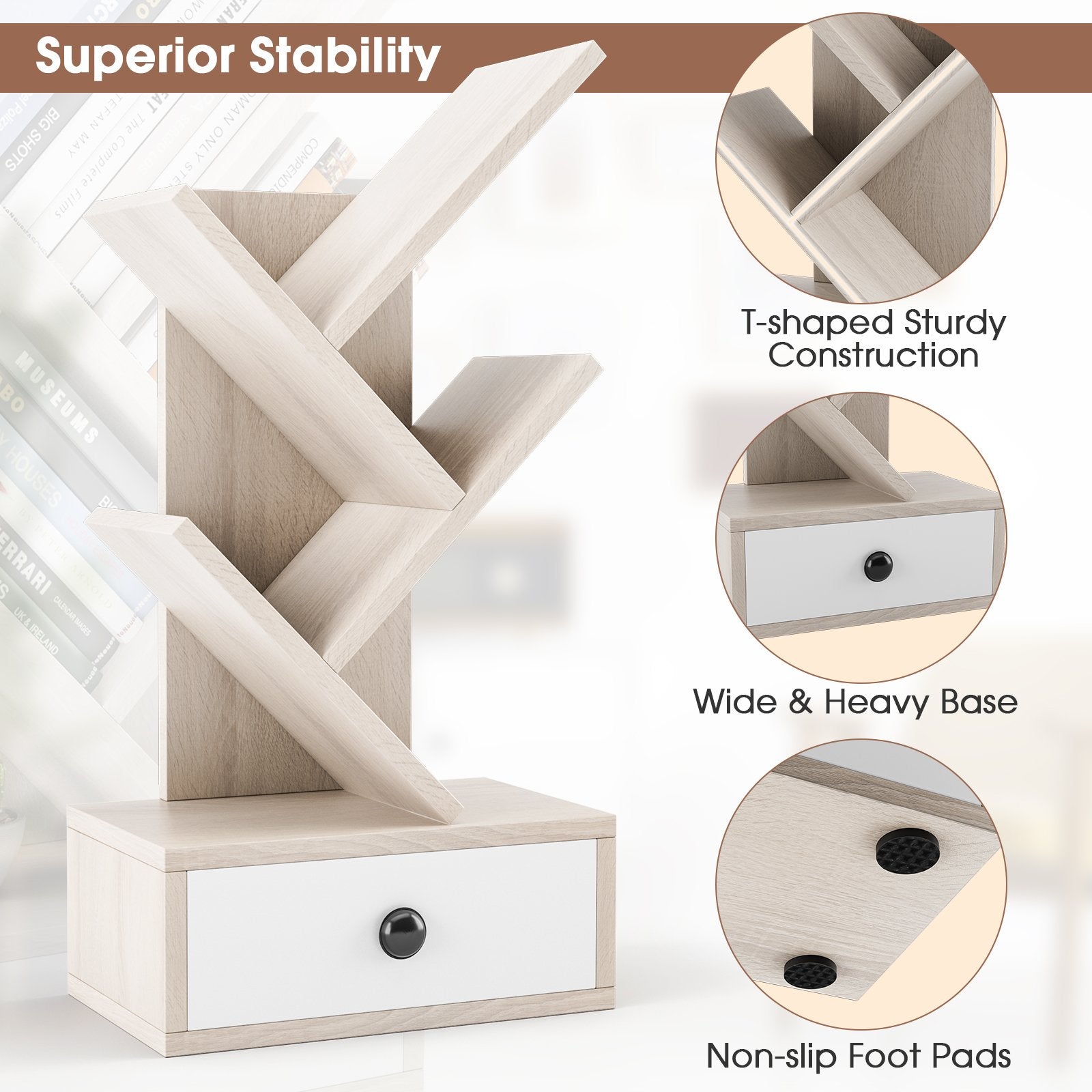 5-Tier Floor Standing Tree Bookcase with Drawer, Beige Bookcases   at Gallery Canada