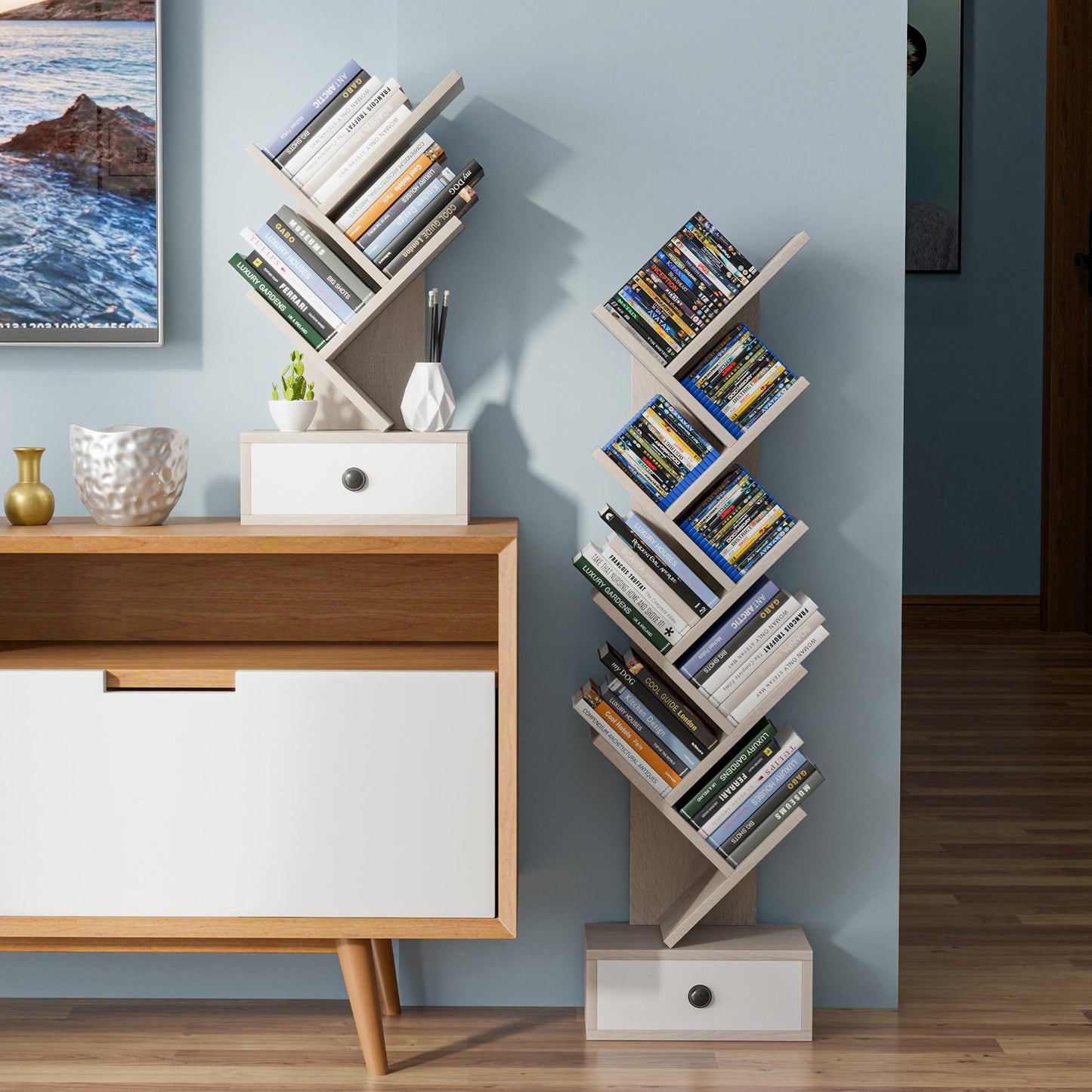 5-Tier Floor Standing Tree Bookcase with Drawer, Beige Bookcases   at Gallery Canada