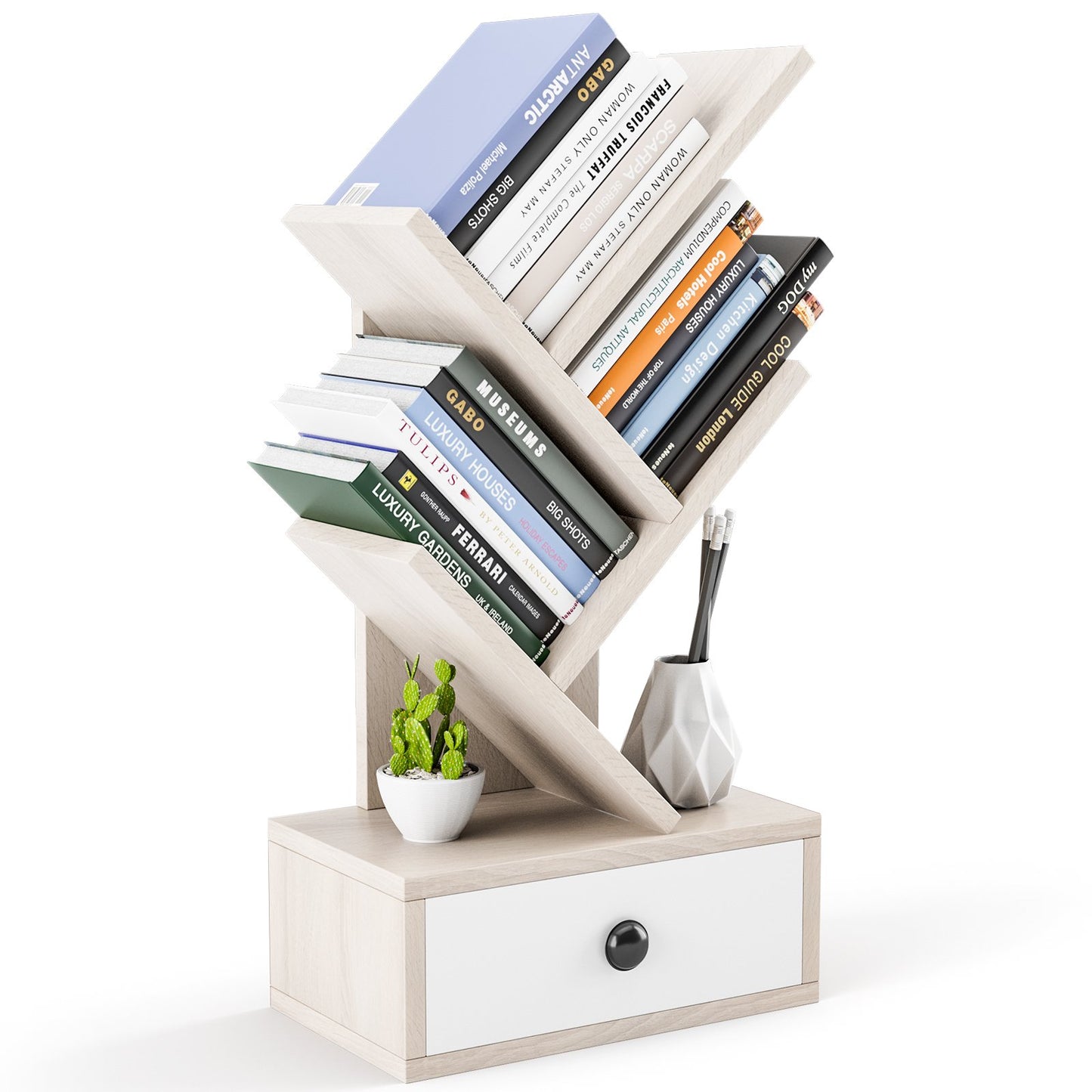 5-Tier Floor Standing Tree Bookcase with Drawer, Beige Bookcases   at Gallery Canada