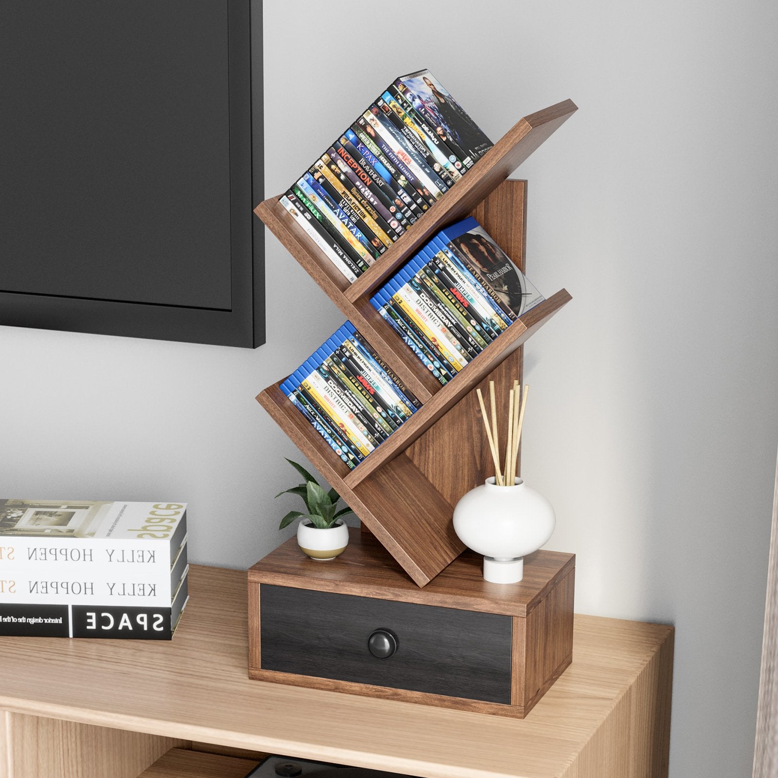 5-Tier Floor Standing Tree Bookcase with Drawer, Brown Bookcases   at Gallery Canada