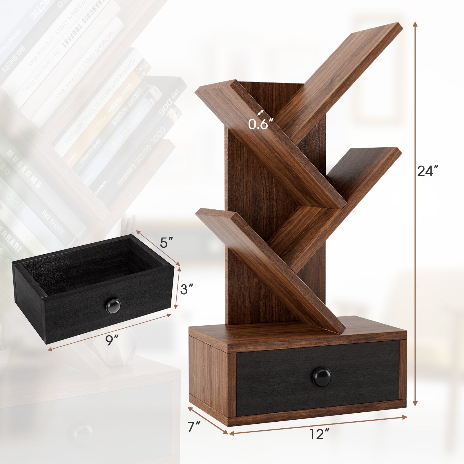 5-Tier Floor Standing Tree Bookcase with Drawer, Brown Bookcases   at Gallery Canada