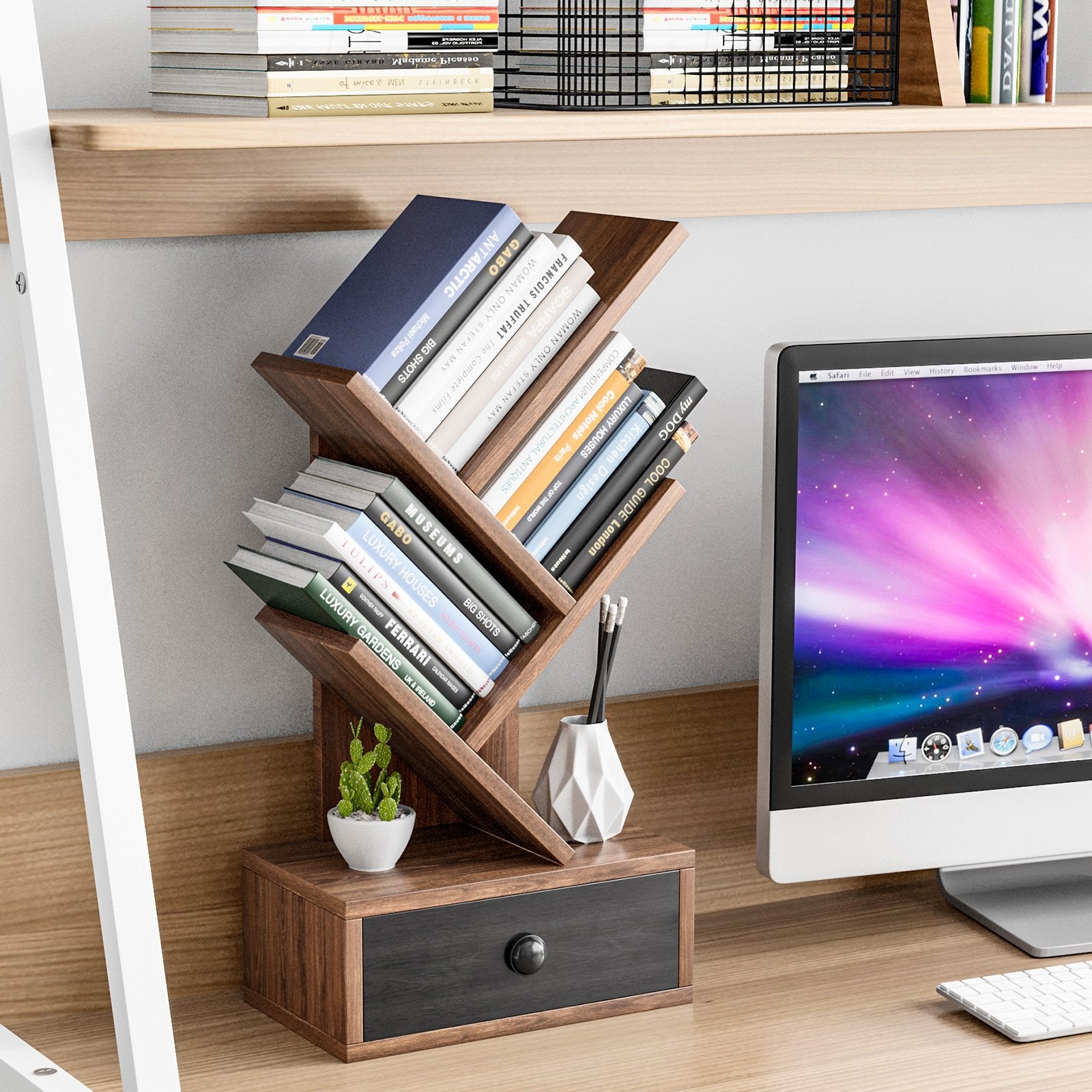 5-Tier Floor Standing Tree Bookcase with Drawer, Brown Bookcases   at Gallery Canada