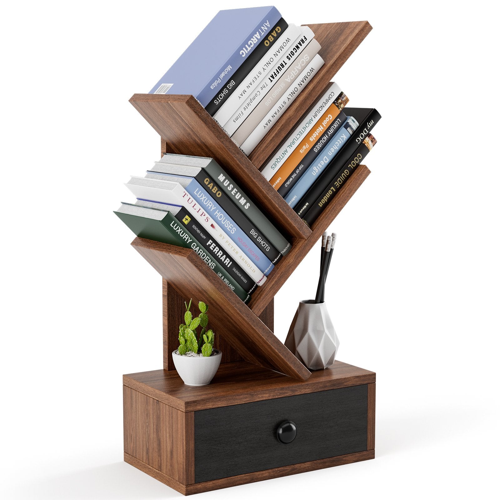 5-Tier Floor Standing Tree Bookcase with Drawer, Brown Bookcases   at Gallery Canada