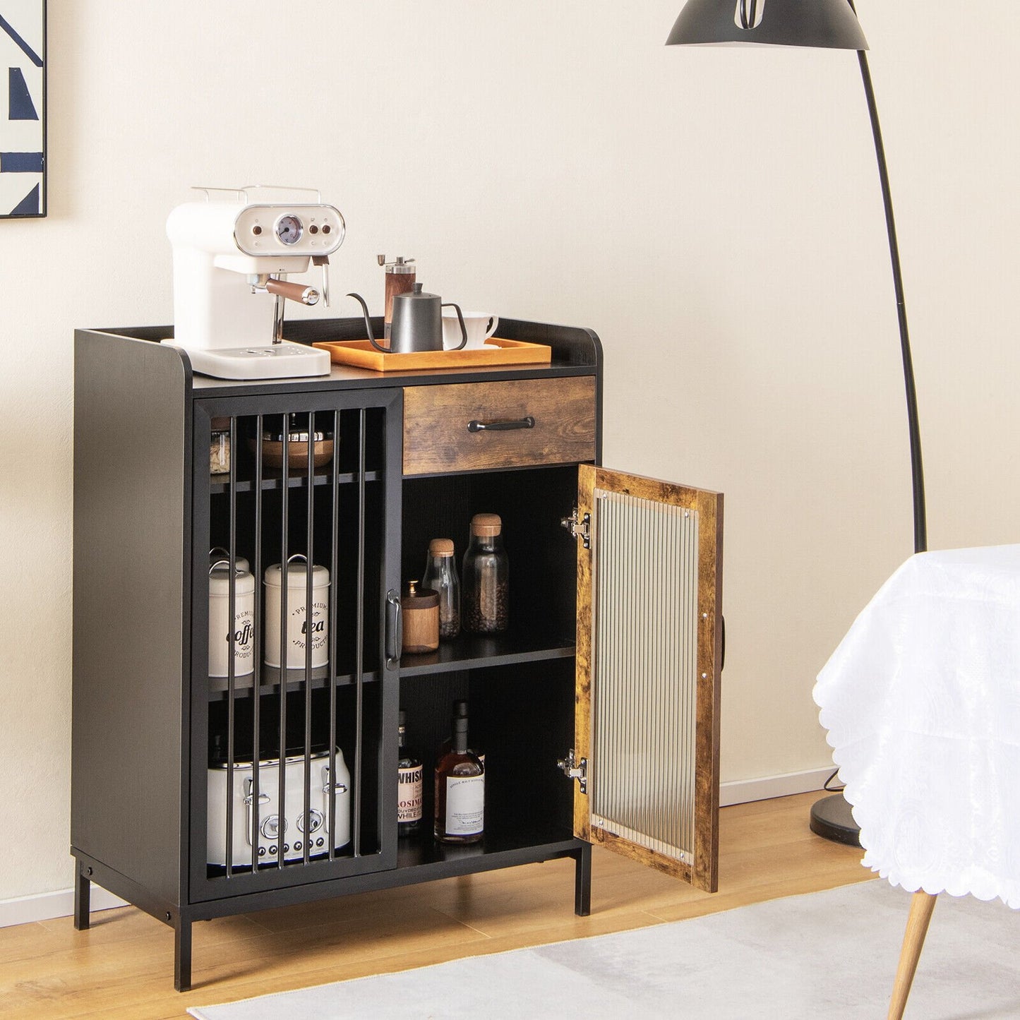 Kitchen Sideboard Buffet Industrial Pantry Cupboard with Metal Glass Door, Rustic Brown Sideboards Cabinets & Buffets   at Gallery Canada