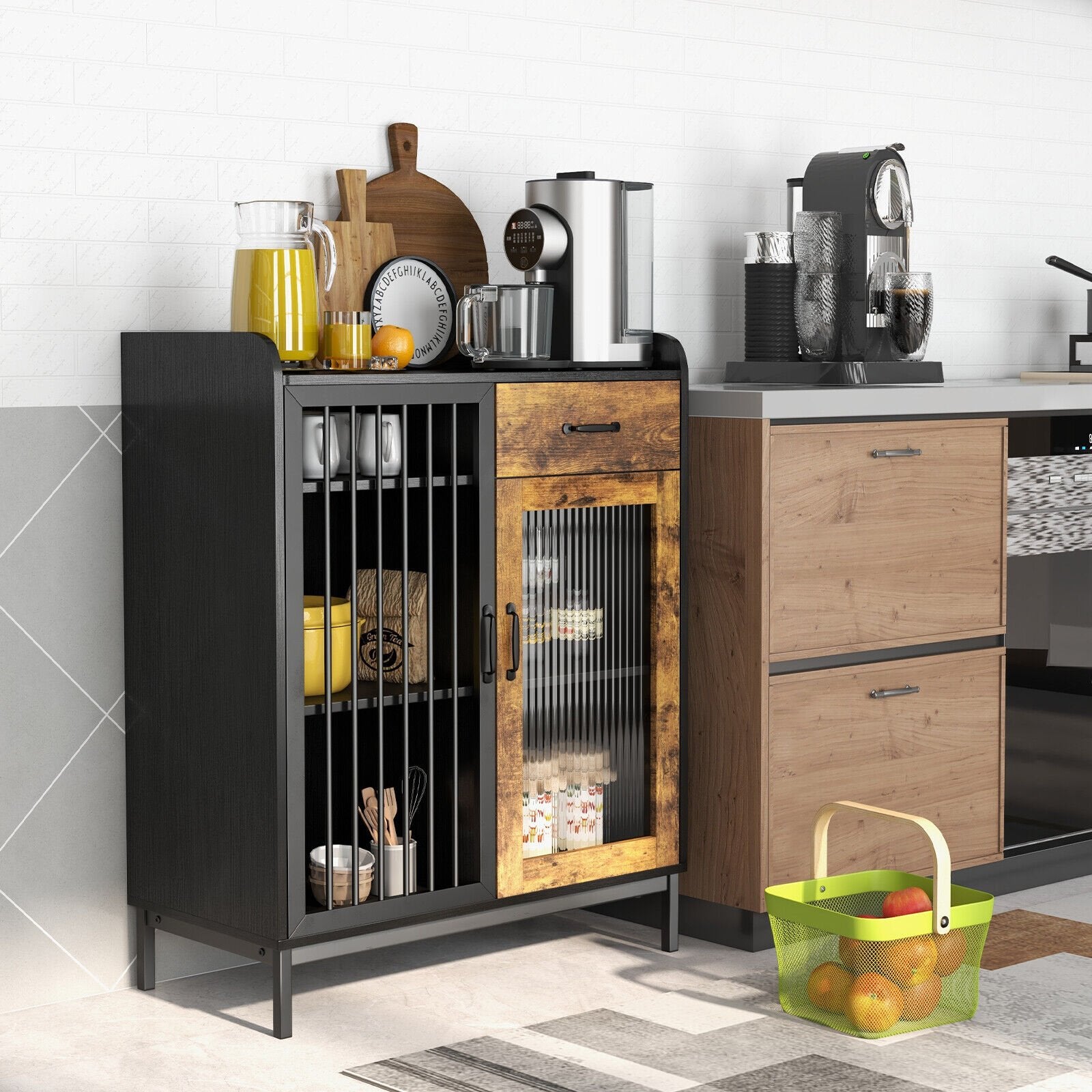 Kitchen Sideboard Buffet Industrial Pantry Cupboard with Metal Glass Door, Rustic Brown Sideboards Cabinets & Buffets   at Gallery Canada