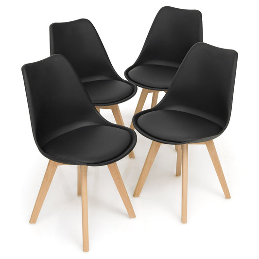 Set of 4 Dining Chairs Mid-Century Modern Shell PU Seat with Wooden Legs, Black Dining Chairs   at Gallery Canada