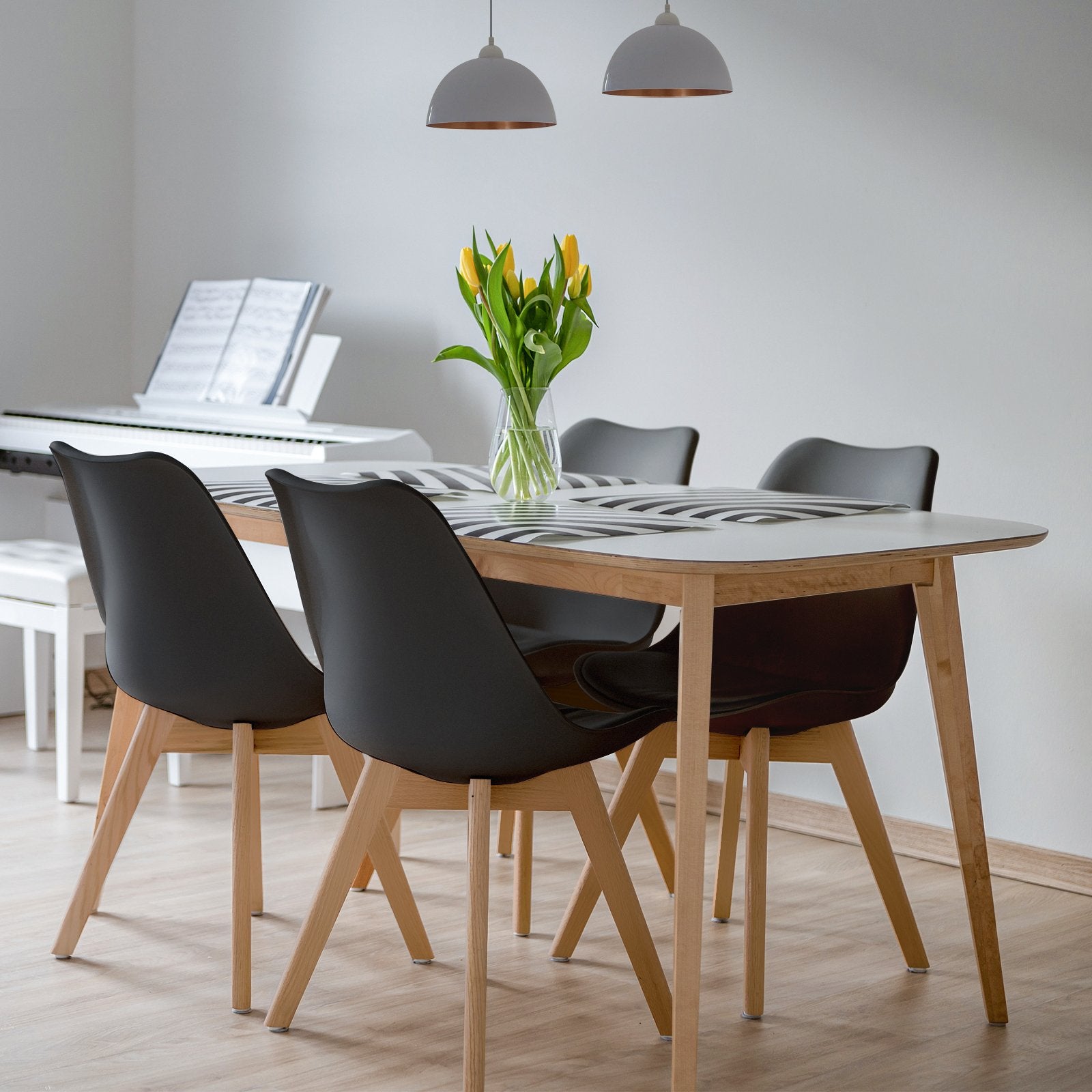 Set of 4 Dining Chairs Mid-Century Modern Shell PU Seat with Wooden Legs, Black Dining Chairs   at Gallery Canada