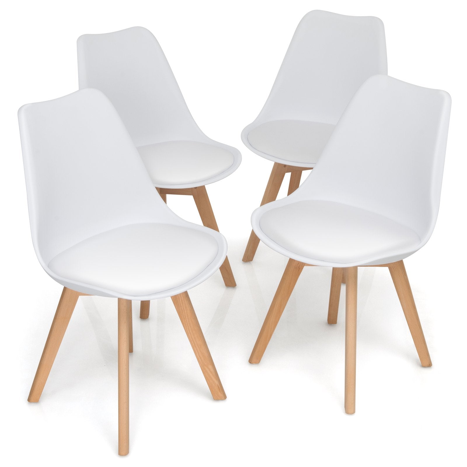 Set of 4 Dining Chairs Mid-Century Modern Shell PU Seat with Wooden Legs, White Dining Chairs   at Gallery Canada