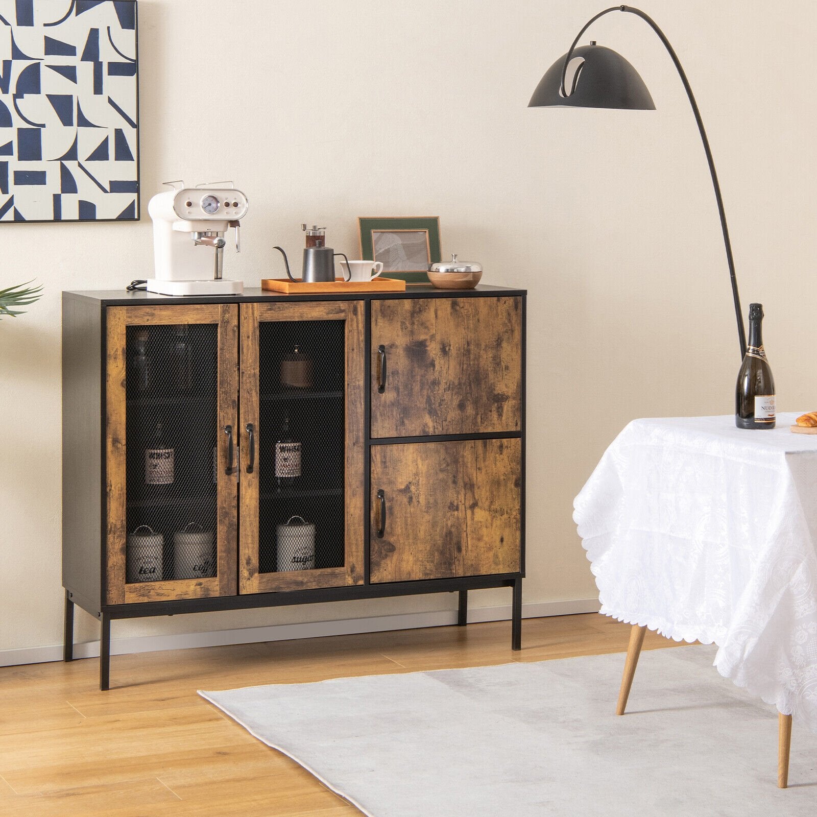 48" Industrial Kitchen Buffet Sideboard with Metal Mesh Doors and Anti-toppling Device, Brown Sideboards Cabinets & Buffets   at Gallery Canada