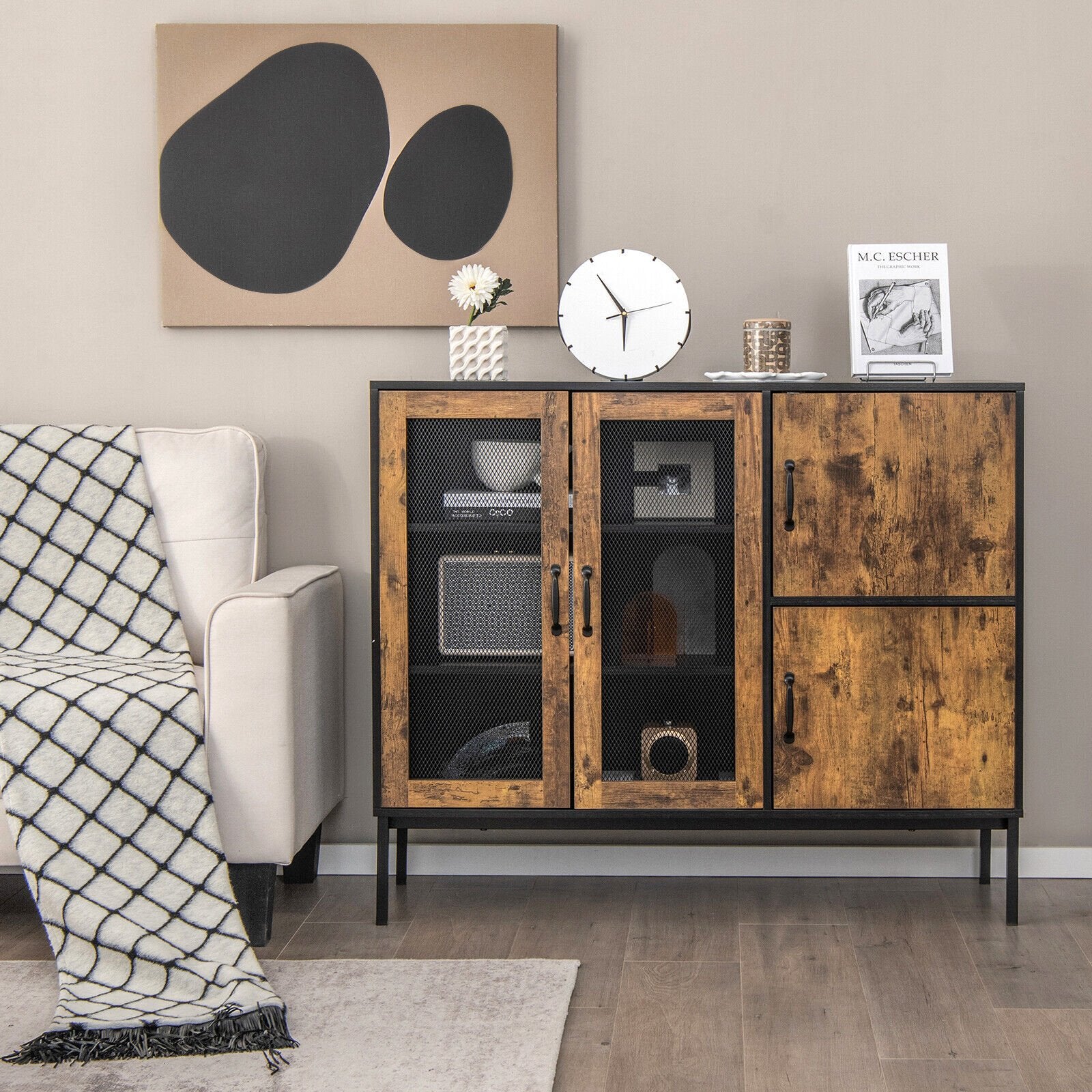 48" Industrial Kitchen Buffet Sideboard with Metal Mesh Doors and Anti-toppling Device, Brown Sideboards Cabinets & Buffets   at Gallery Canada