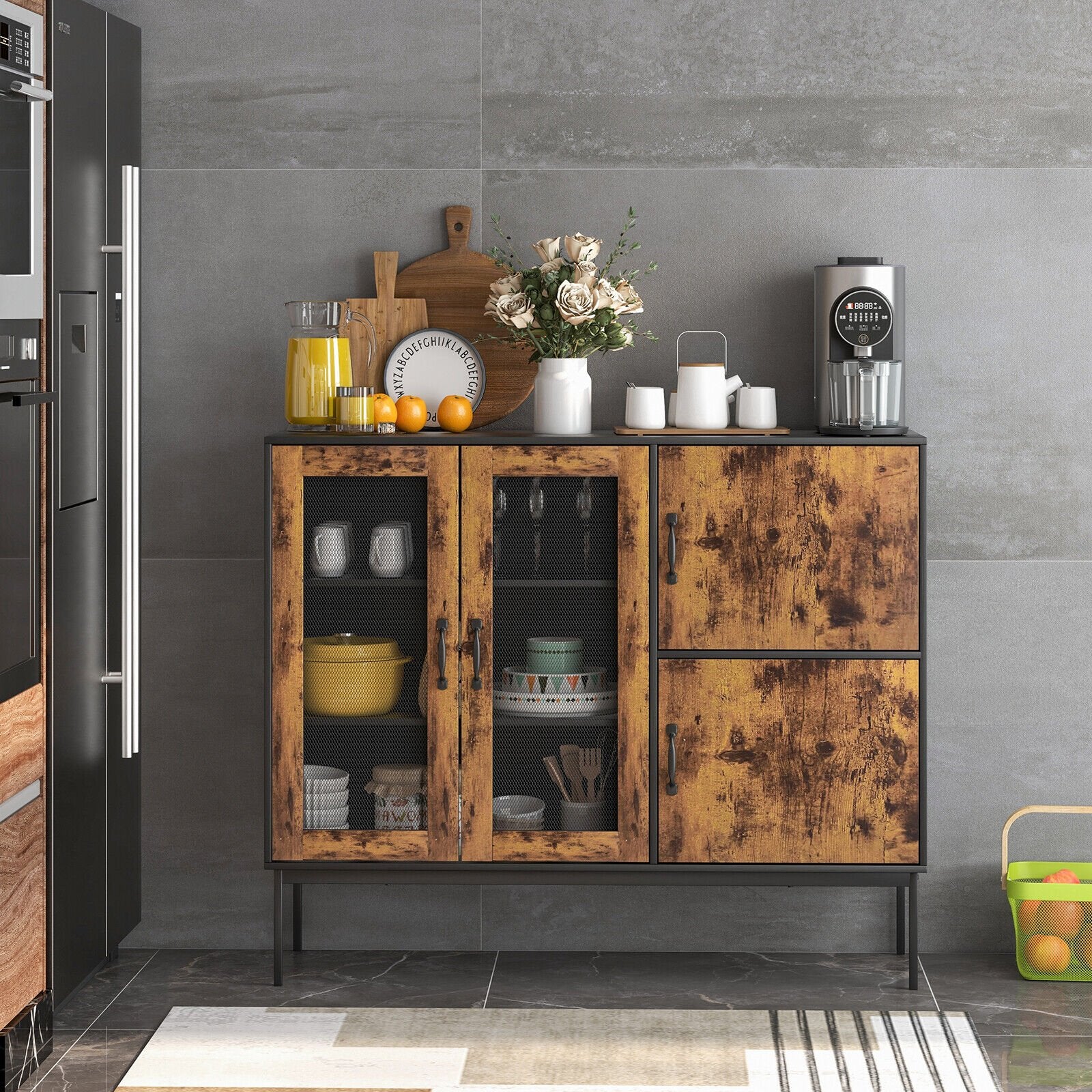 48" Industrial Kitchen Buffet Sideboard with Metal Mesh Doors and Anti-toppling Device, Brown Sideboards Cabinets & Buffets   at Gallery Canada