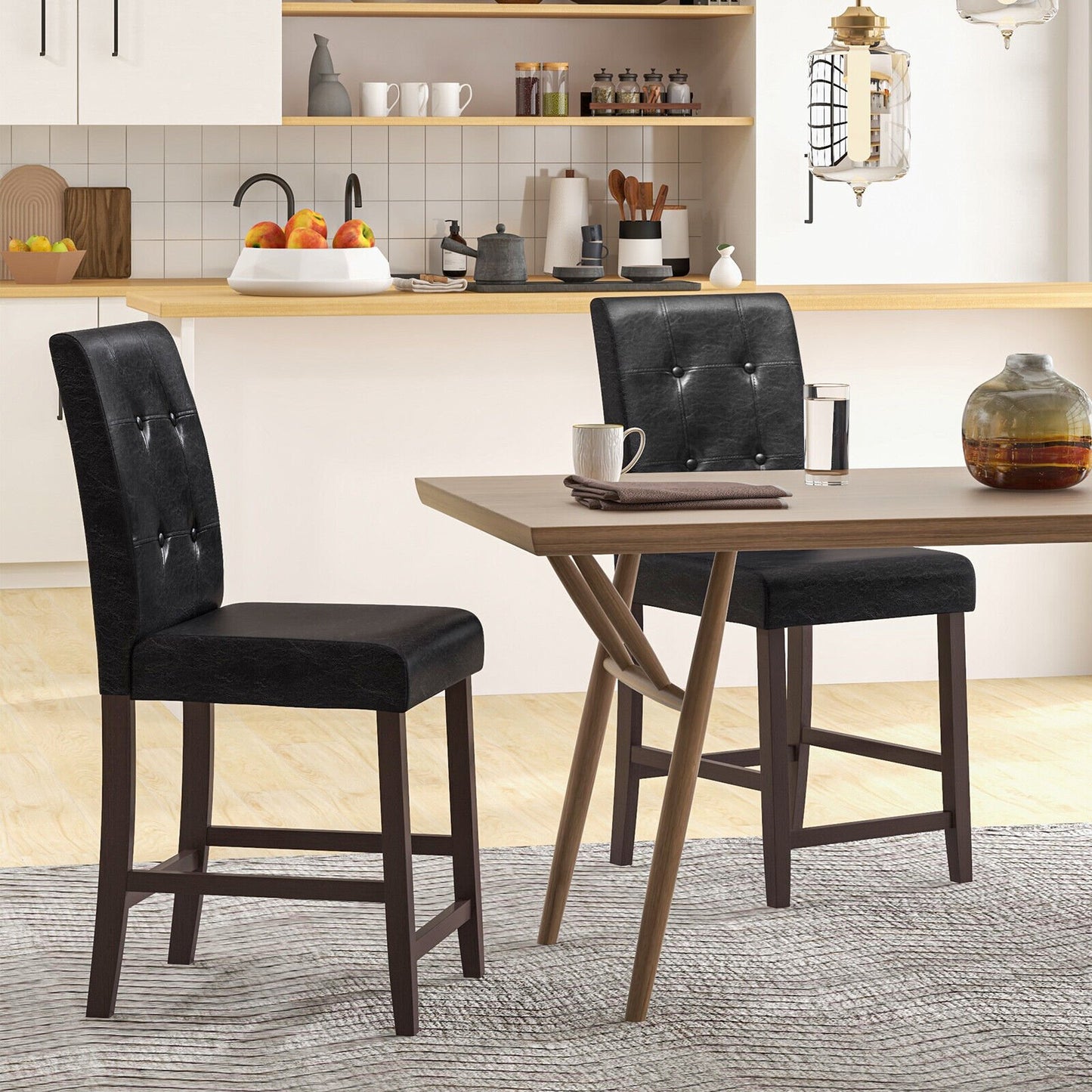 Set of 2 Bar Stools with Rubber Wood Legs and Button-Tufted Back, Black Bar Stools   at Gallery Canada