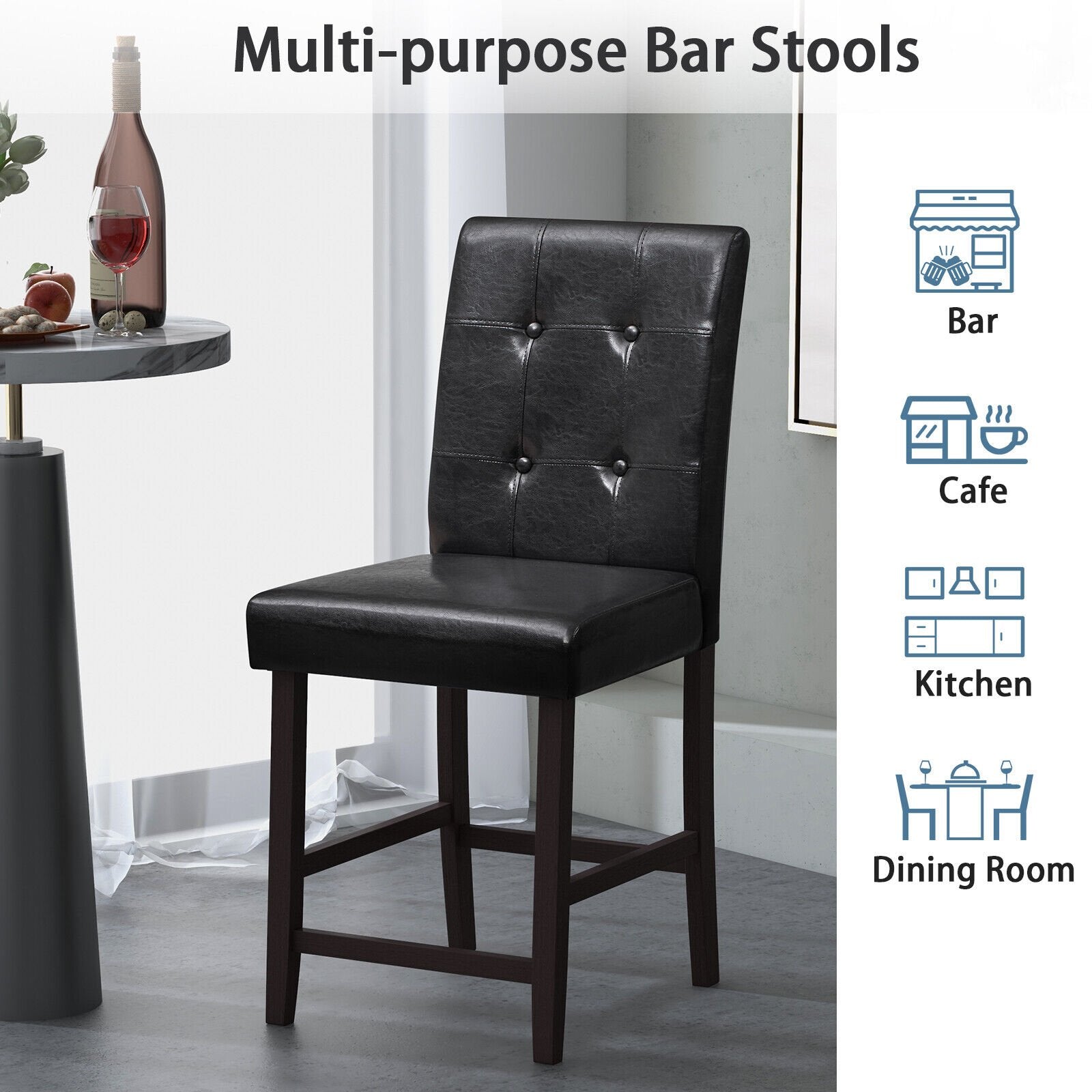 Set of 2 Bar Stools with Rubber Wood Legs and Button-Tufted Back, Black Bar Stools   at Gallery Canada