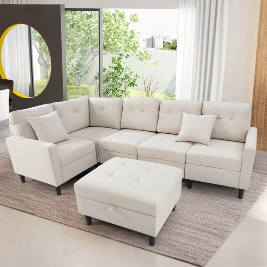 L-shaped Sectional Corner Sofa Set with Storage Ottoman, Beige - Gallery Canada