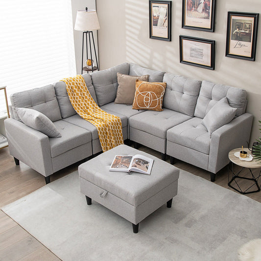 L-shaped Sectional Corner Sofa Set with Storage Ottoman, Gray - Gallery Canada