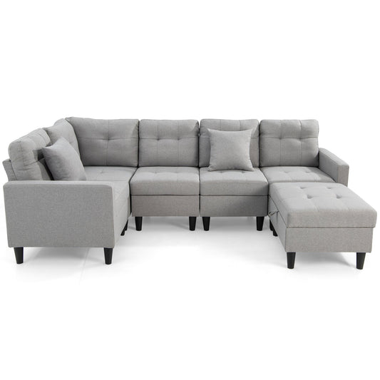 L-shaped Sectional Corner Sofa Set with Storage Ottoman, Gray - Gallery Canada