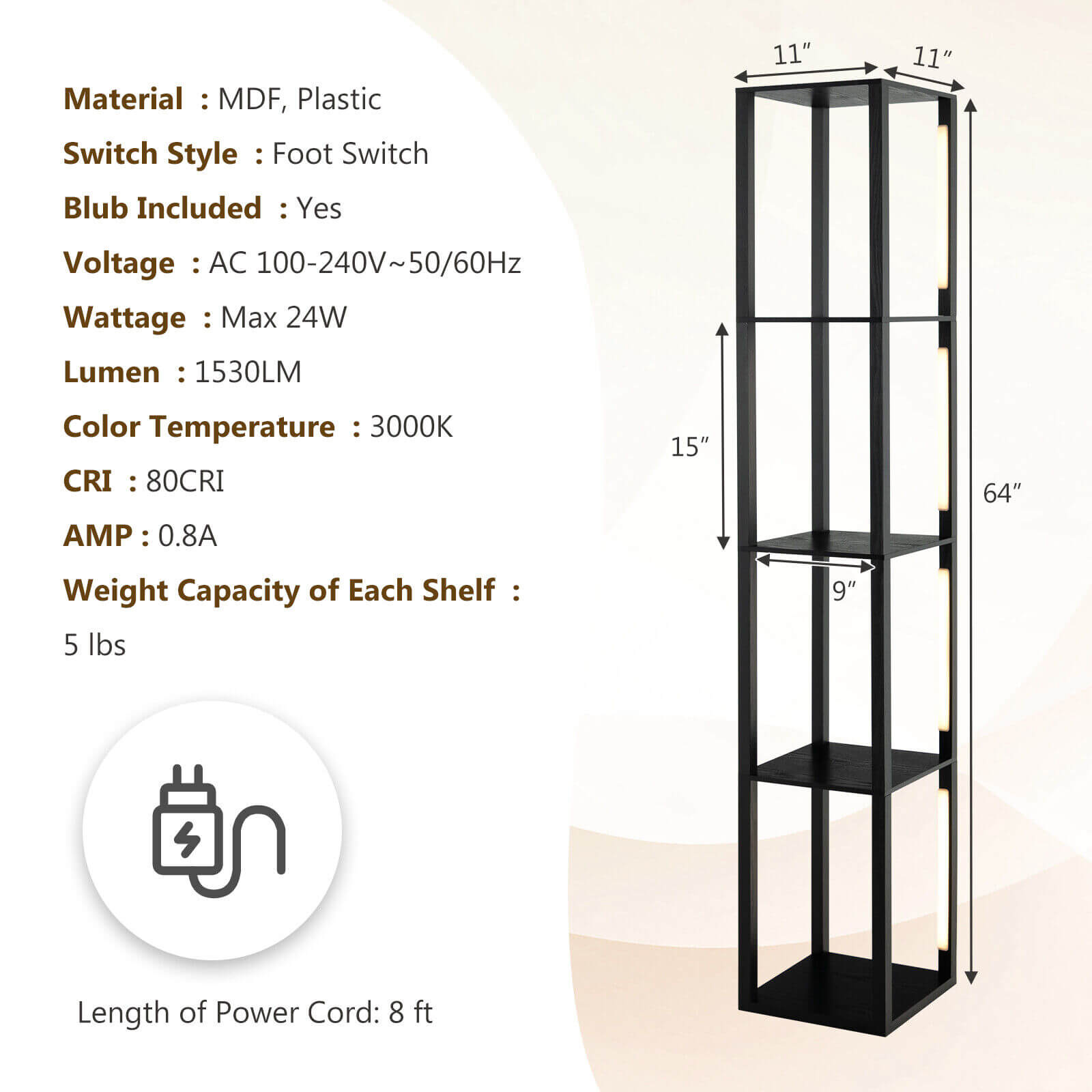 64 Inches Floor Lamp with 3-Level Dimmable LED Bulbs and Rotatable LED Poles, Black Table & Floor Lamps at Gallery Canada
