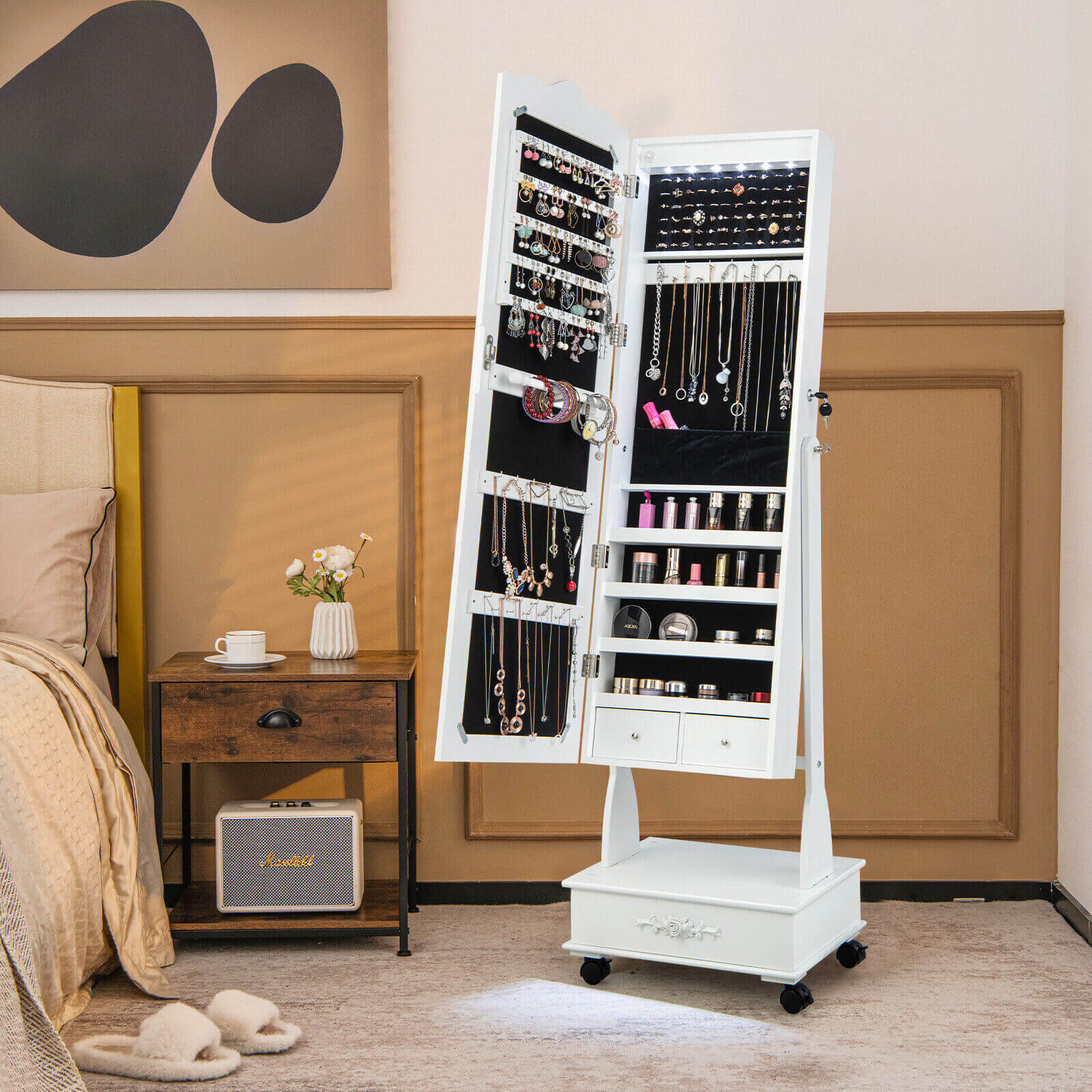 Rolling Floor Standing Mirrored Jewelry Armoire with Lock and Drawers, White Jewelry Armoires   at Gallery Canada