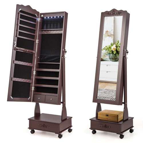 Rolling Floor Standing Mirrored Jewelry Armoire with Lock and Drawers, Brown