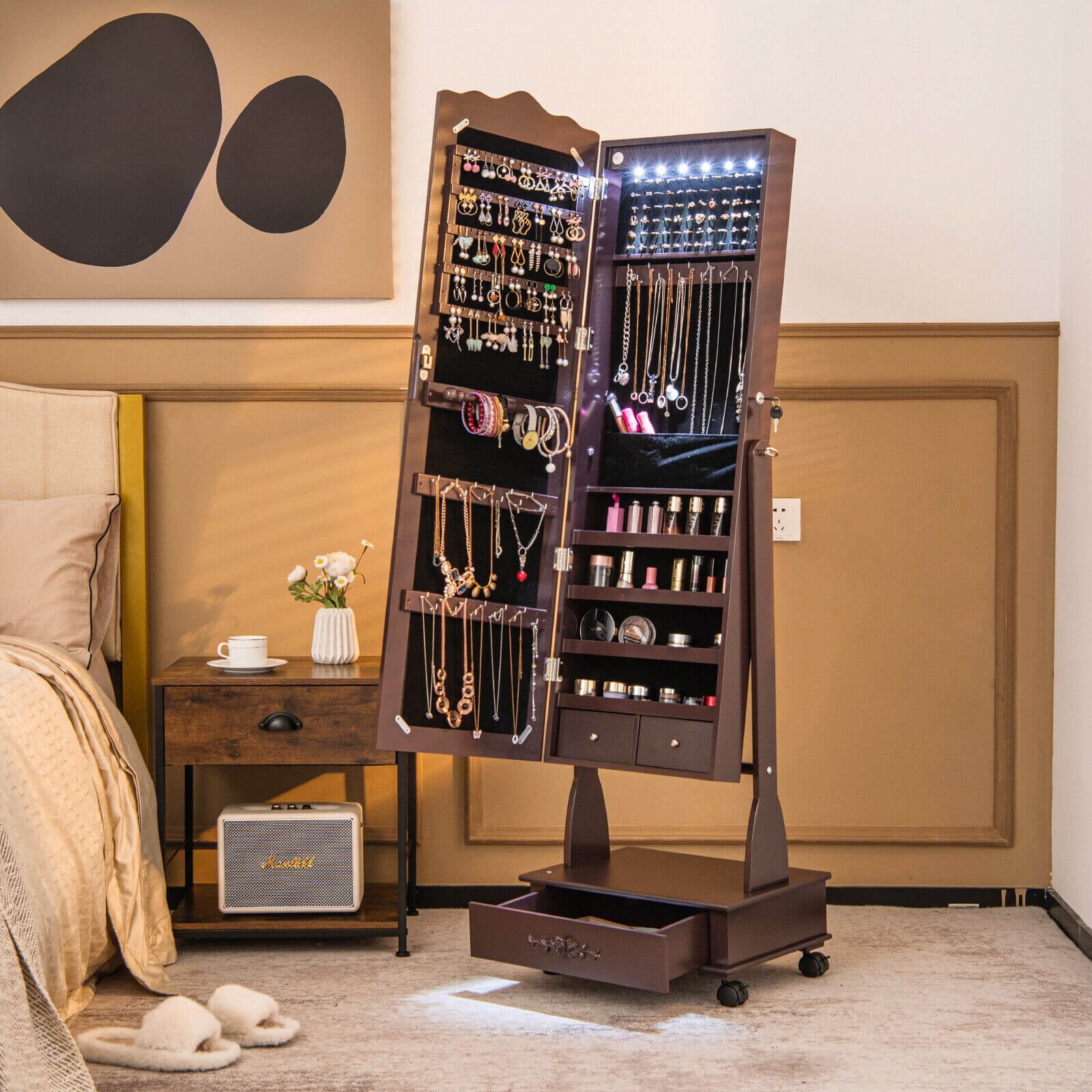 Rolling Floor Standing Mirrored Jewelry Armoire with Lock and Drawers, Brown Jewelry Armoires   at Gallery Canada